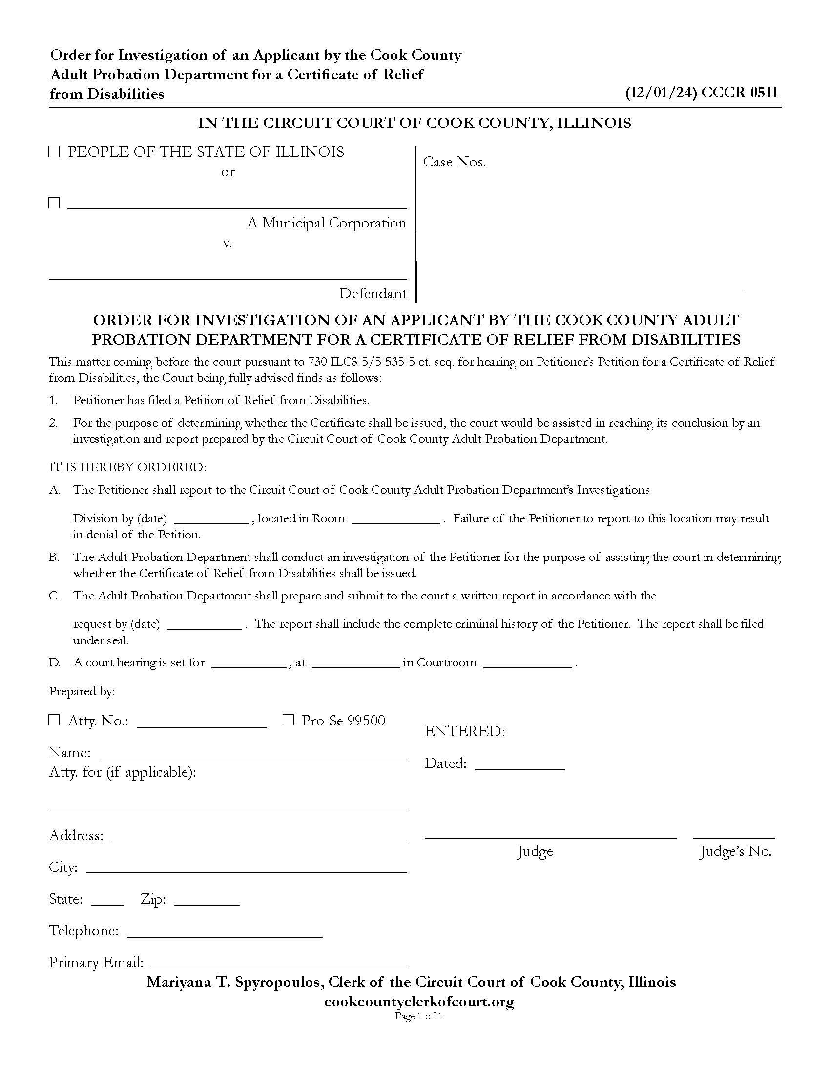 Order For Investigation Of Applicant Certificate Of Relief From Disabilities {CCCR 0511} | Pdf Fpdf Docx | Illinois