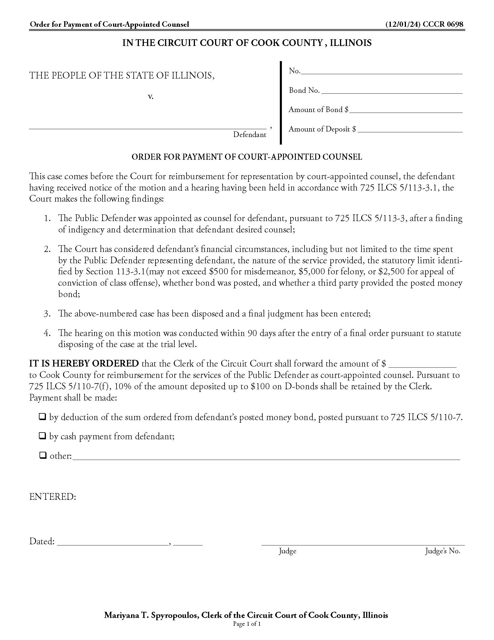 Order For Payment Of Court-Appointed Counsel {CCCR 0698} | Pdf Fpdf Doc Docx | Illinois