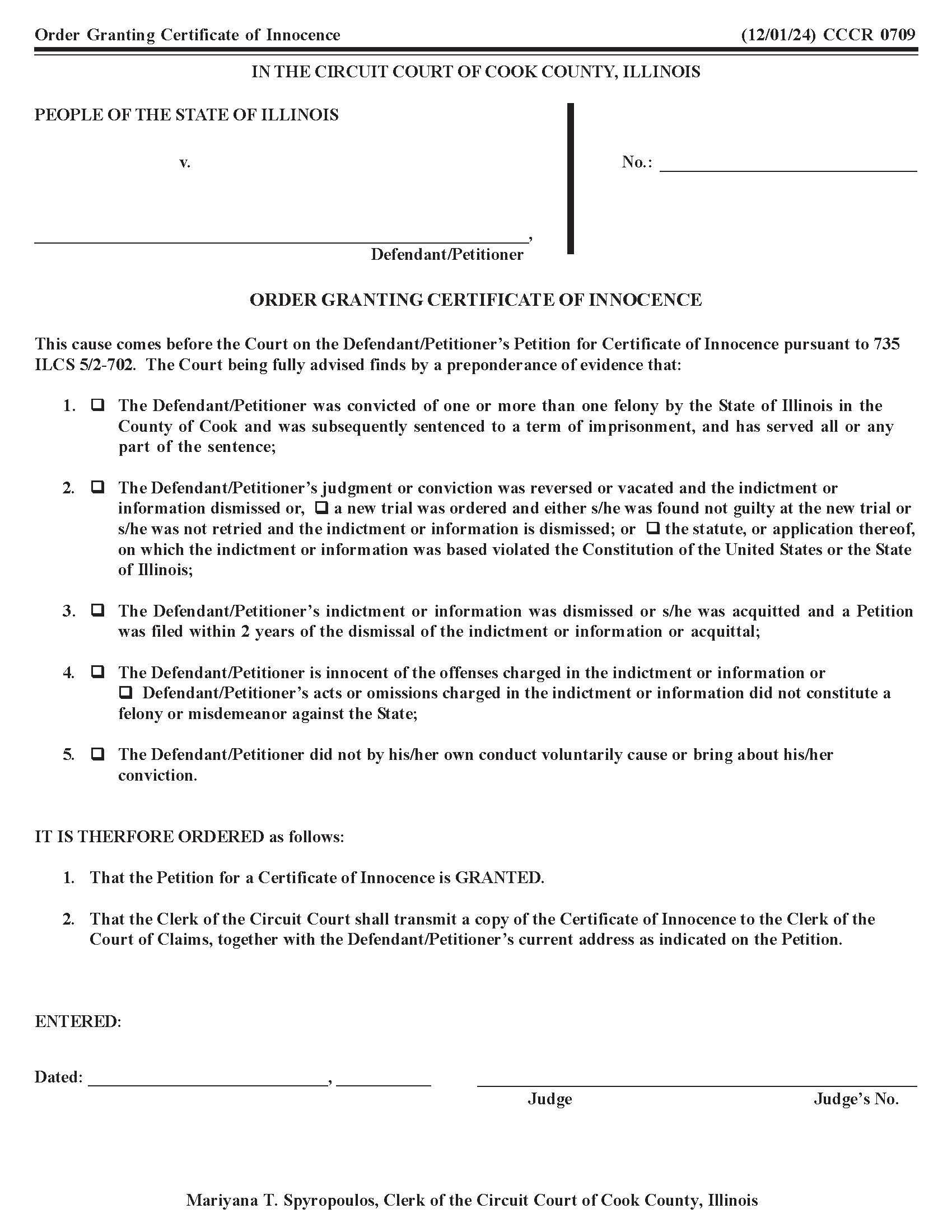 Order Granting Certificate Of Innocence {CCCR 0709} | Pdf Fpdf Doc Docx | Illinois