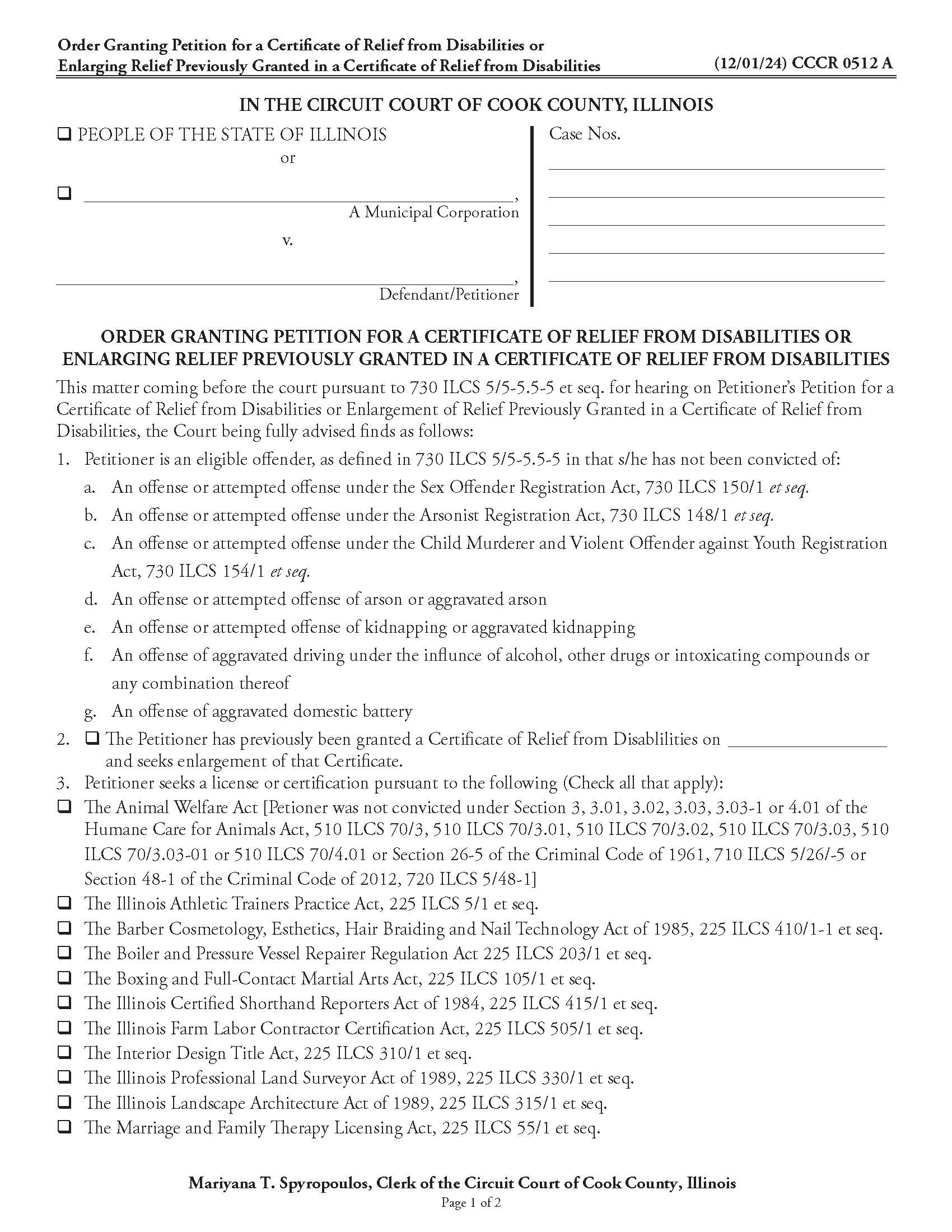 Order Granting Petition For Certificate Of Relief From Disabilities {CCCR 0512} | Pdf Fpdf Doc Docx | Illinois