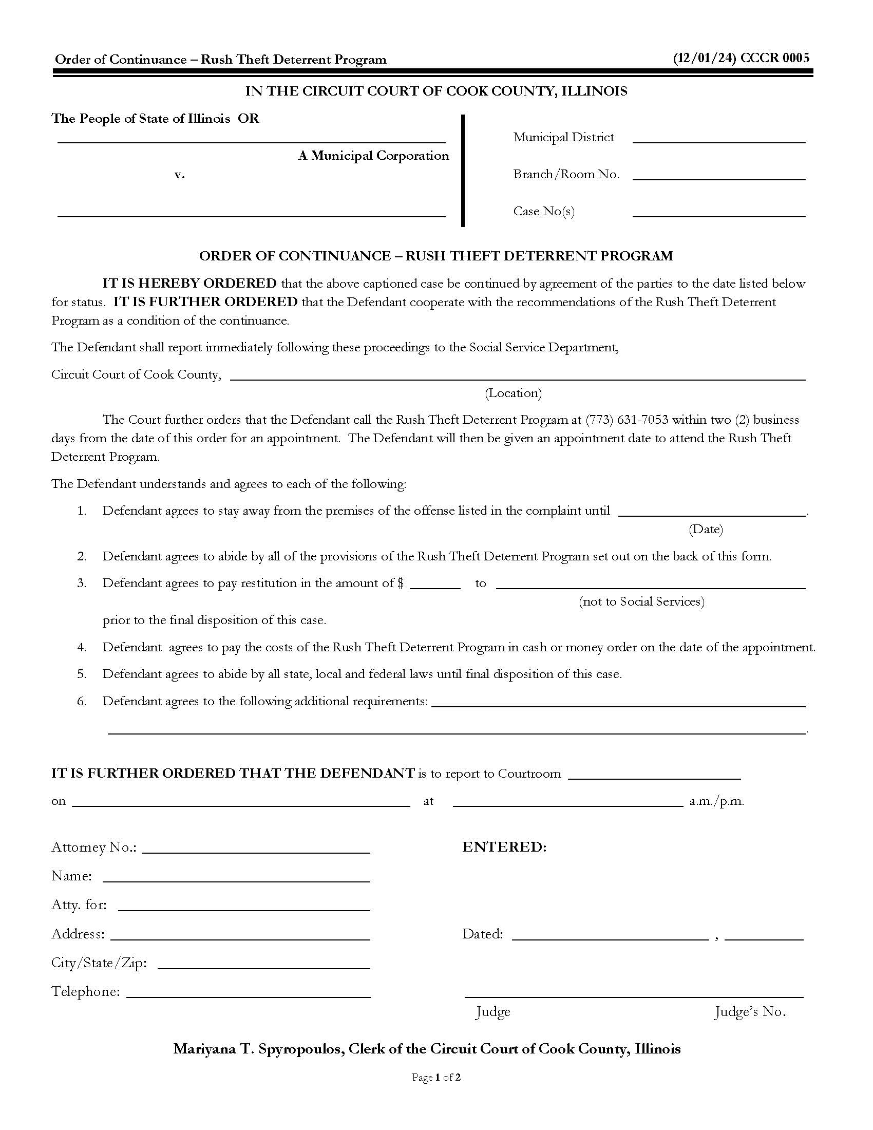 Order Of Continuance-Rush Theft Deterrent Program {CCCR 0005} | Pdf Fpdf Doc Docx | Illinois
