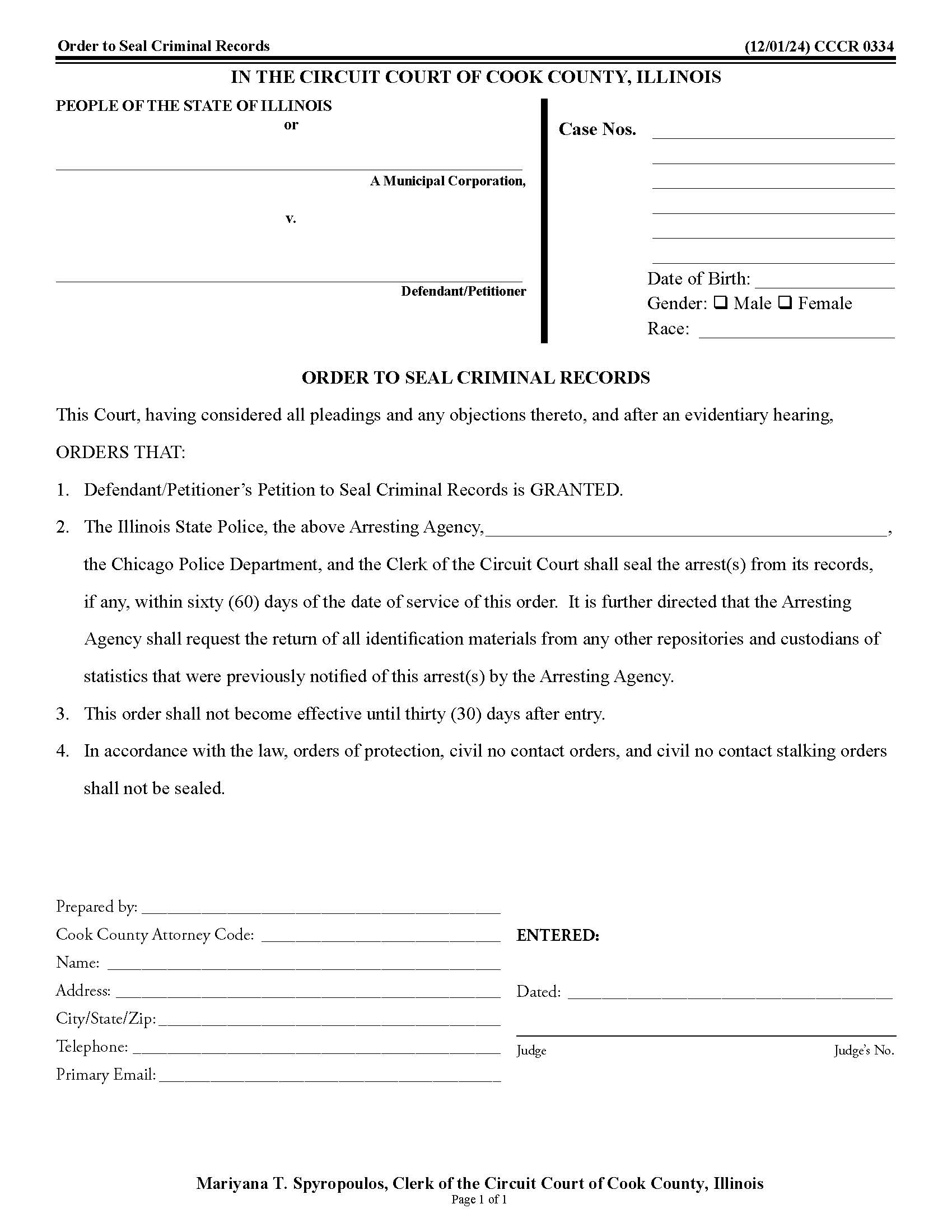 Order To Seal Criminal Records {CCCR 0334} | Pdf Fpdf Doc Docx | Illinois