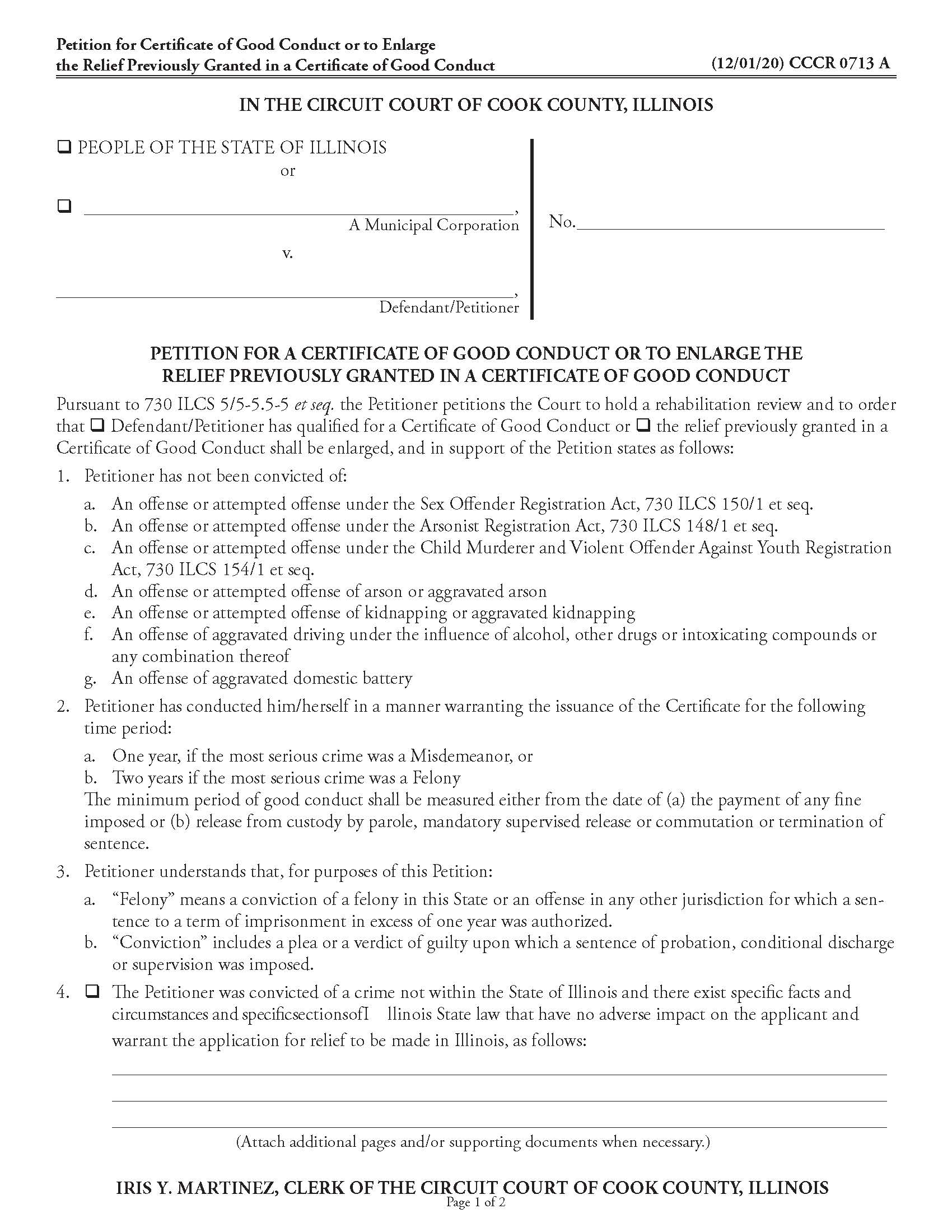 Petition For Certificate Of Good Conduct {CCCR 0713} | Pdf Fpdf Doc Docx | Illinois