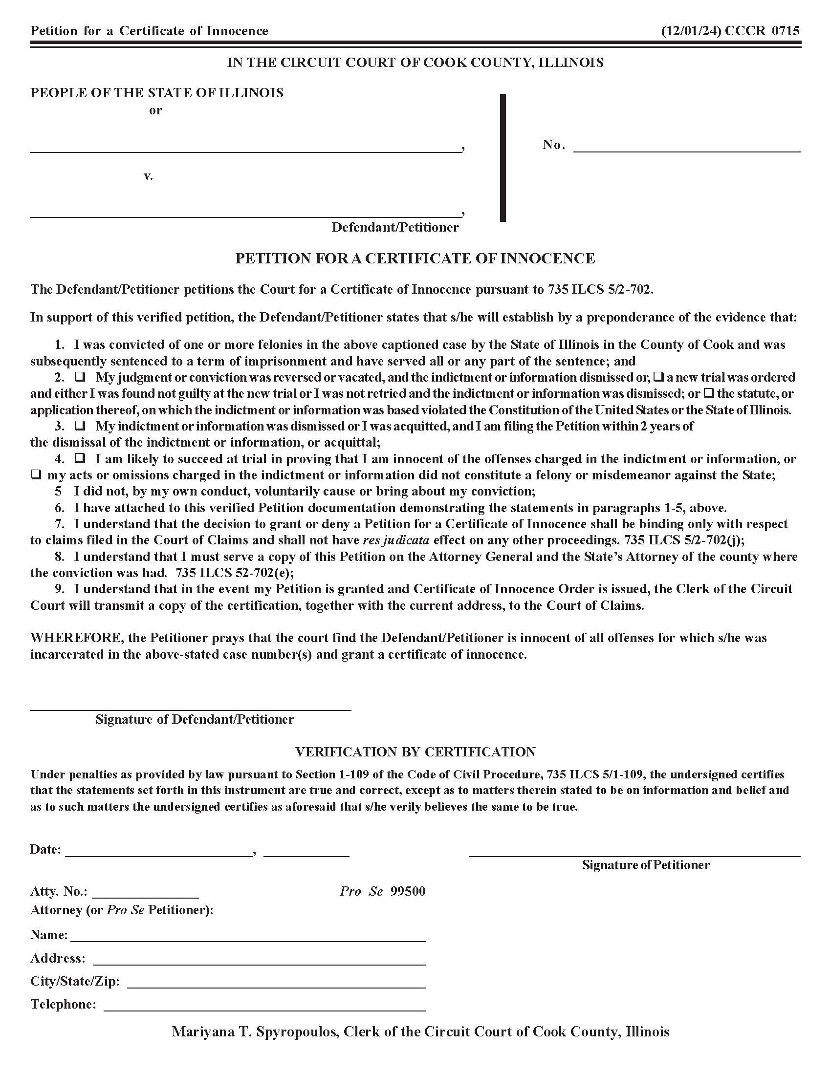 Petition For Certificate Of Innocence {CCCR 0715} | Pdf Fpdf Doc Docx | Illinois