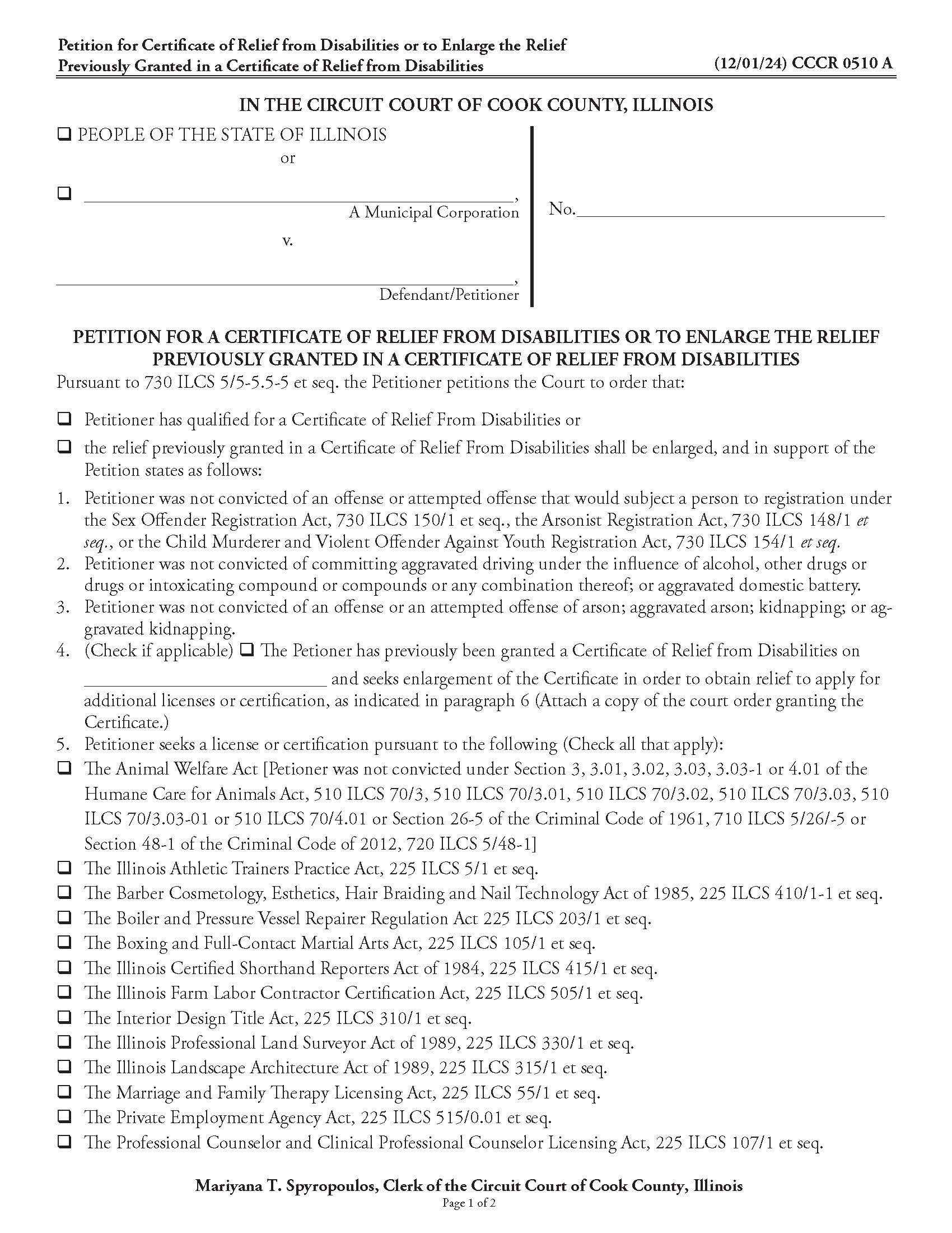 Petition For Certificate Of Relief From Disabilities {CCCR 0510} | Pdf Fpdf Doc Docx | Illinois