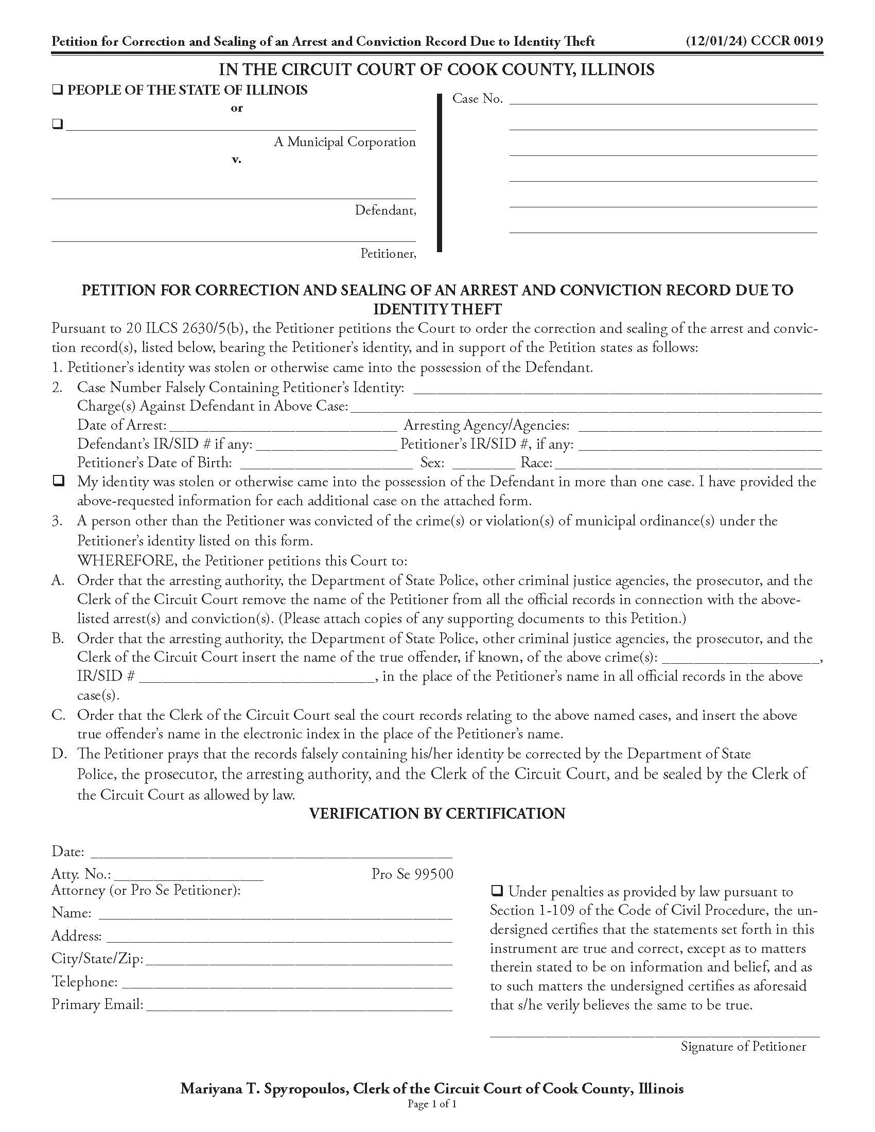 Petition For Correction Sealing Arrest Conviction Due To ID Theft {CCCR 0019} | Pdf Fpdf Doc Docx | Illinois