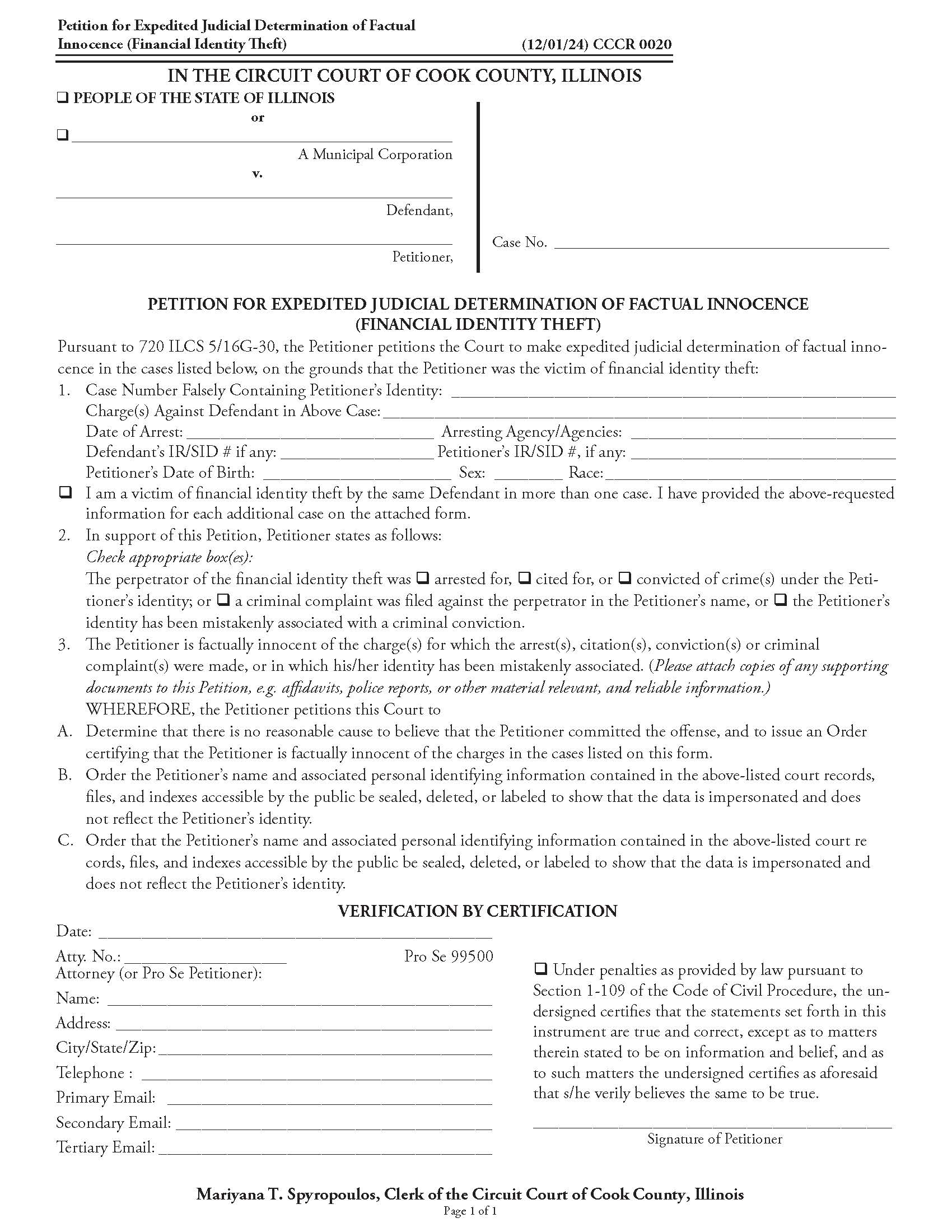 Petition For Expedited Judicial Determination Of Factual Innocence (Financial Identity Theft) {CCCR 0020} | Pdf Fpdf Doc Docx | Illinois