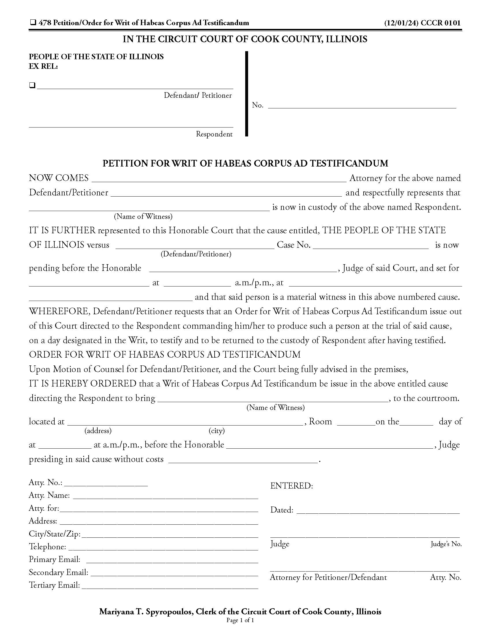Petition For Writ Of Habeas Corpus Ad Testificandum And Order {CCCR 0101} | Pdf Fpdf Doc Docx | Illinois