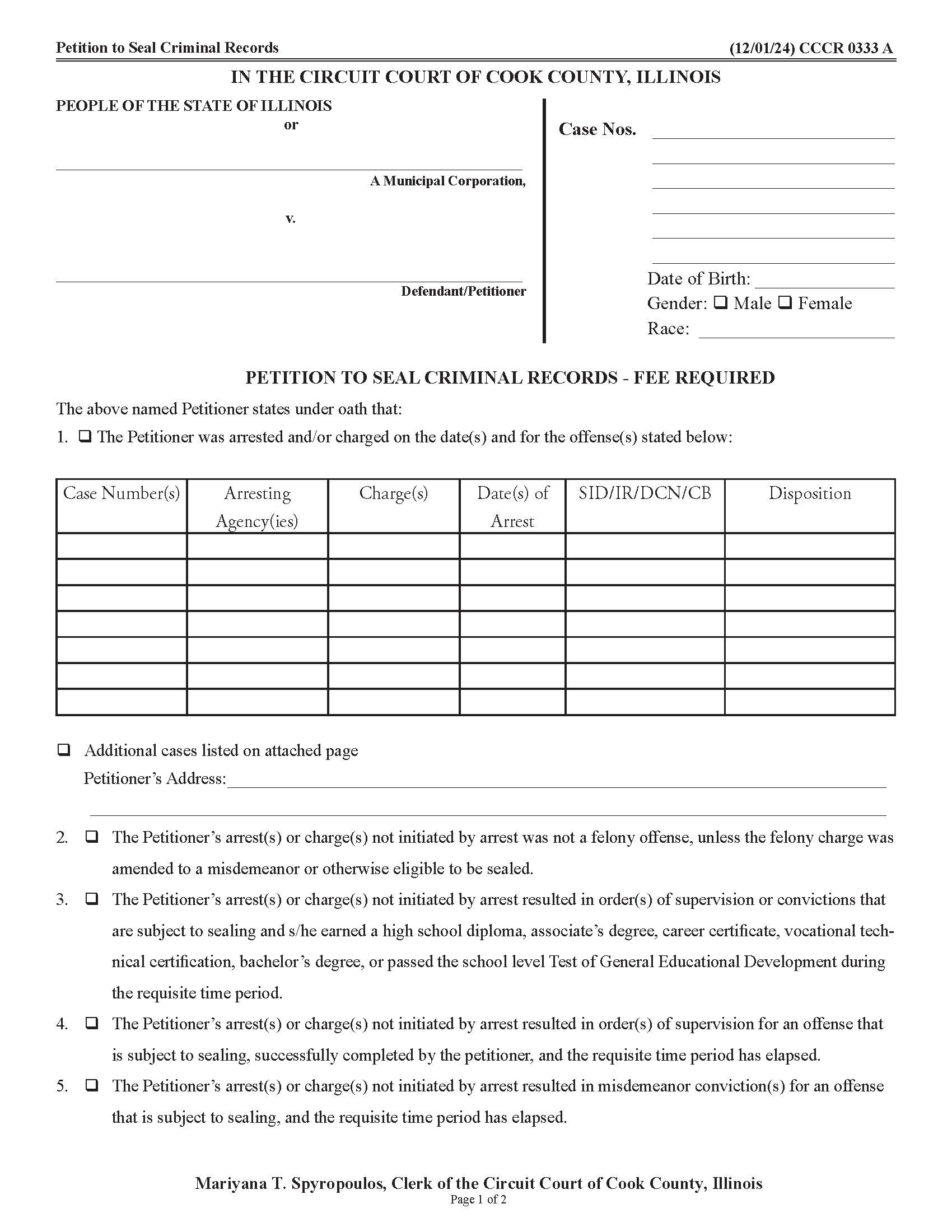 Petition To Seal Criminal Records {CCCR 0333} | Pdf Fpdf Doc Docx | Illinois