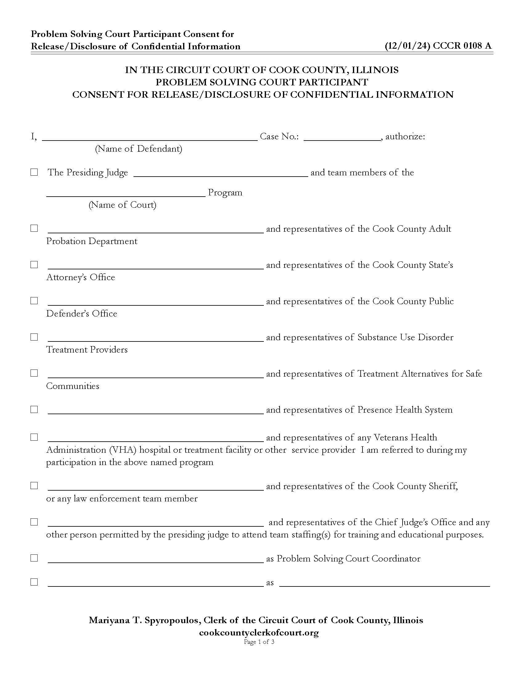 Problem Solving Court Participant Consent For Release Disclosure Confidential Information {CCCR 0108} | Pdf Fpdf Docx | Illinois
