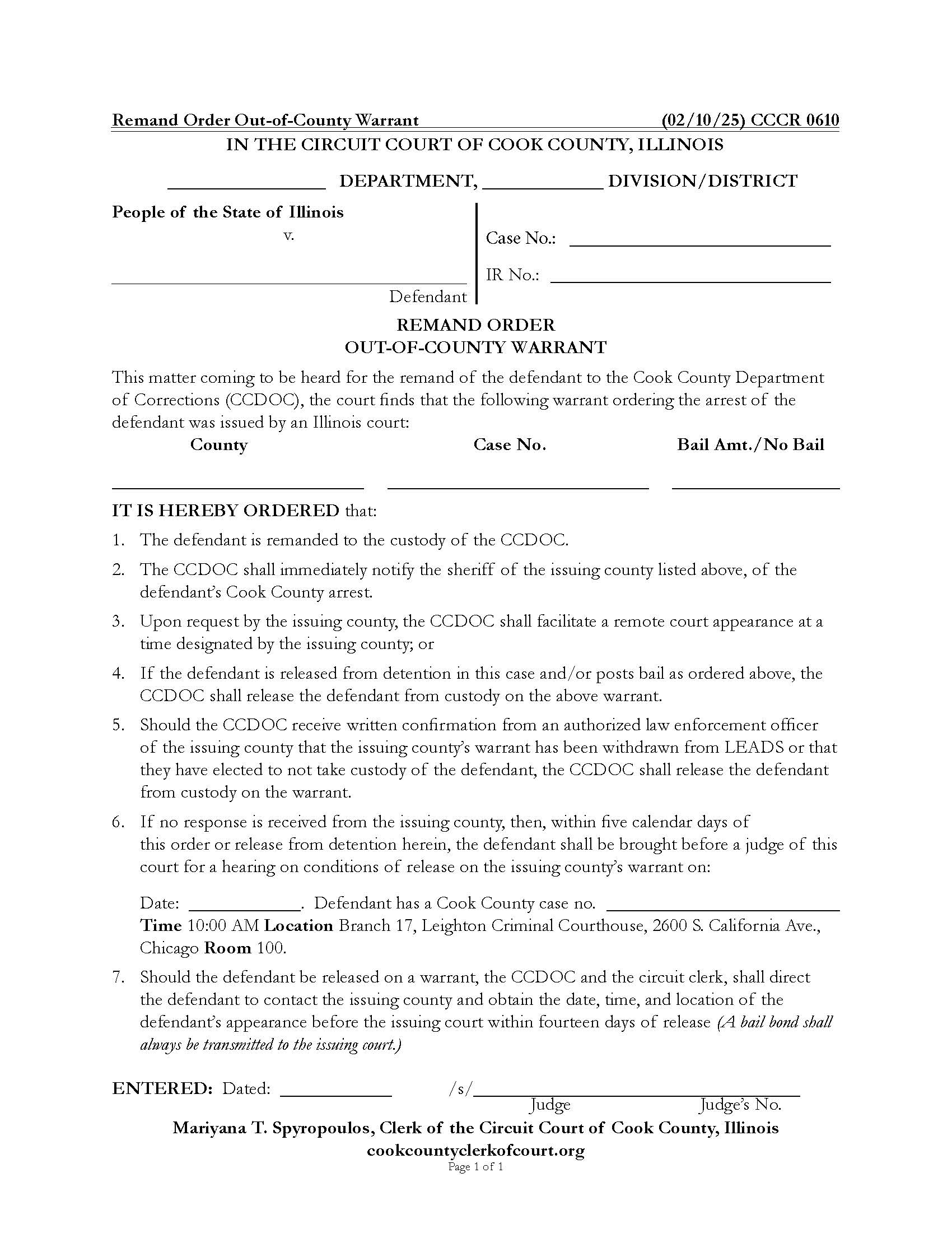 Remand Order Out Of County Warrant {CCCR 0610} | Pdf Fpdf Docx | Illinois