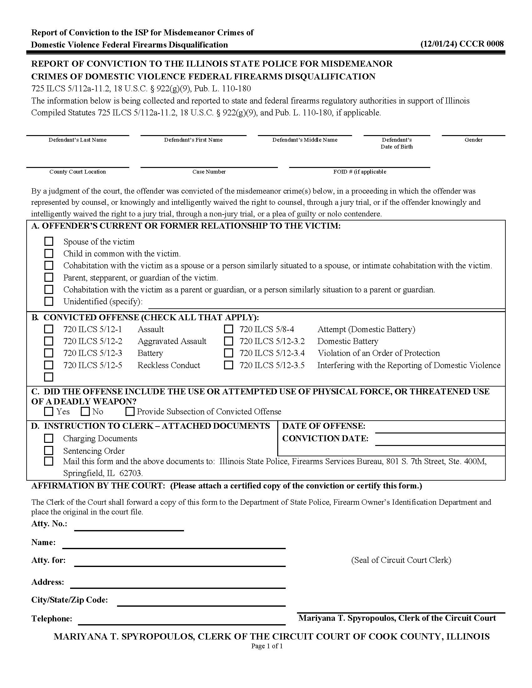 Report Of Conviction For Misdemeanor DV Federal Firearms Disqualification {CCCR 0008} | Pdf Fpdf Docx | Illinois