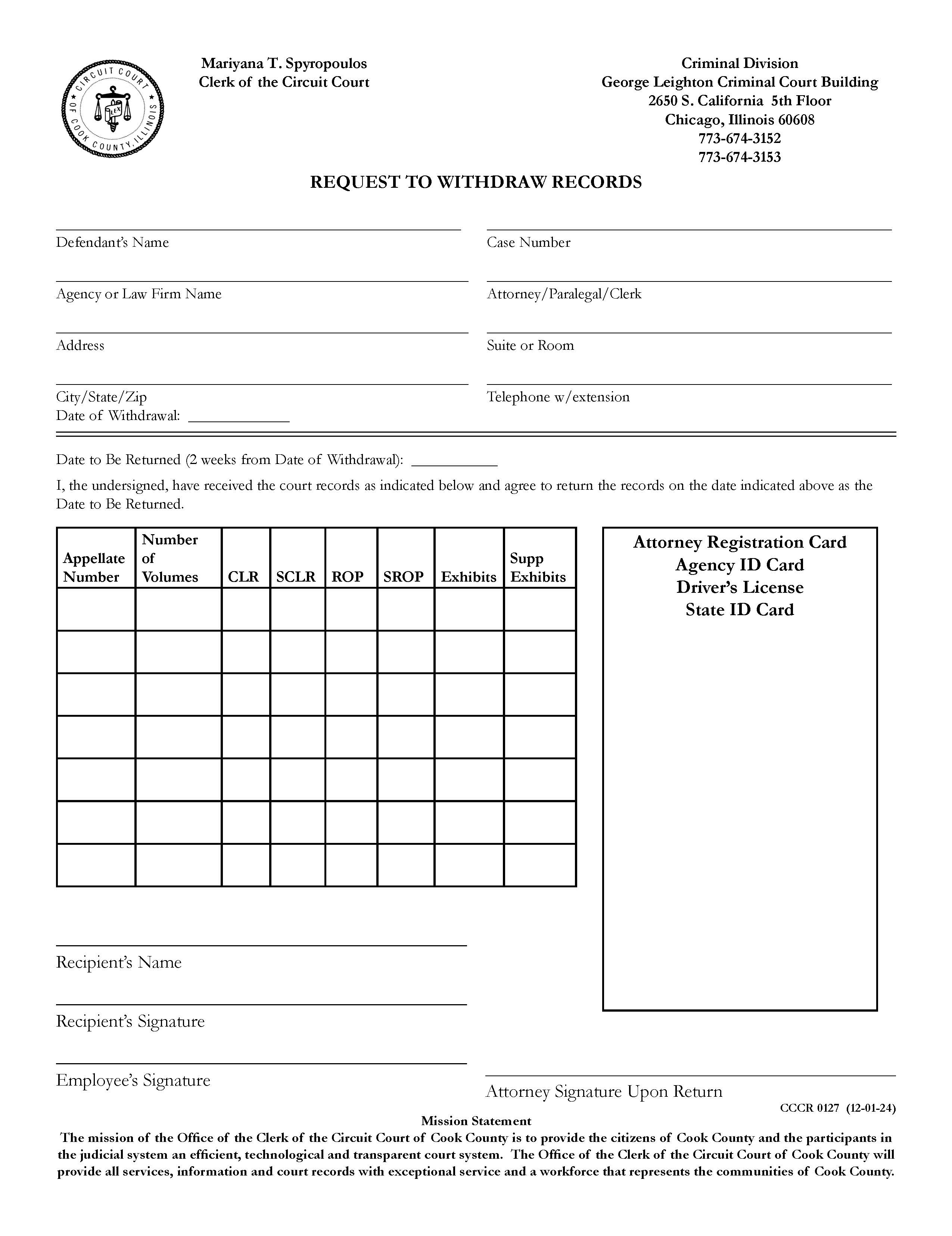 Request To Withdraw Records {CCCR 0127} | Pdf Fpdf Docx | Illinois