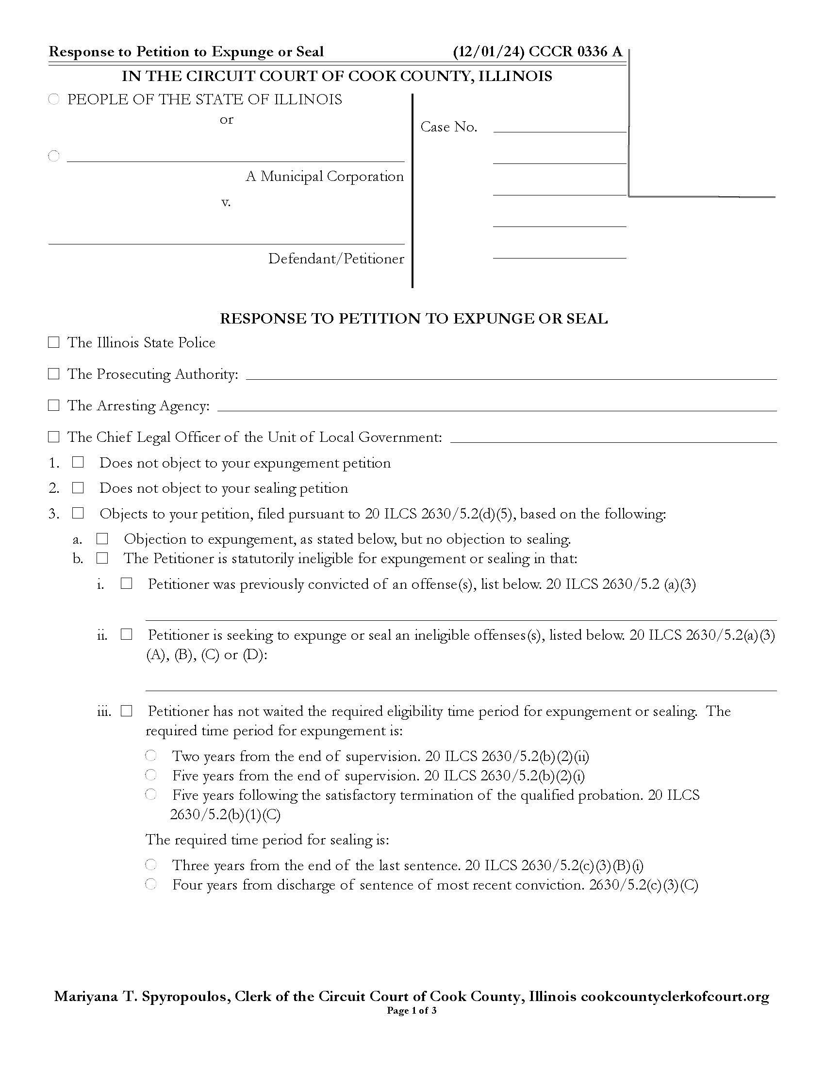 Response To Petition To Expunge Or Seal {CCCR 0336} | Pdf Fpdf Docx | Illinois