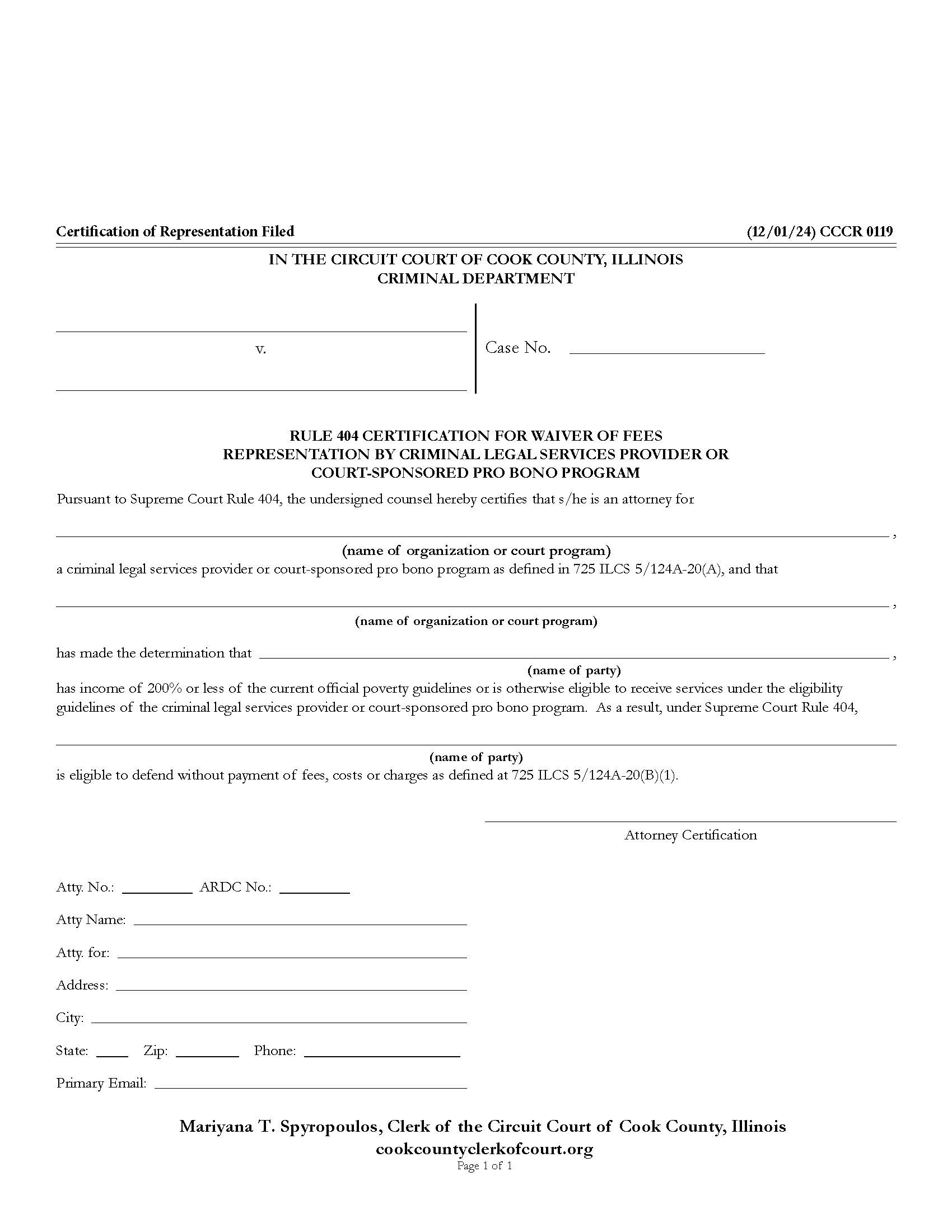 Rule 404 Certification Waiver Of Fees Representation {CCCR 0119} | Pdf Fpdf Docx | Illinois