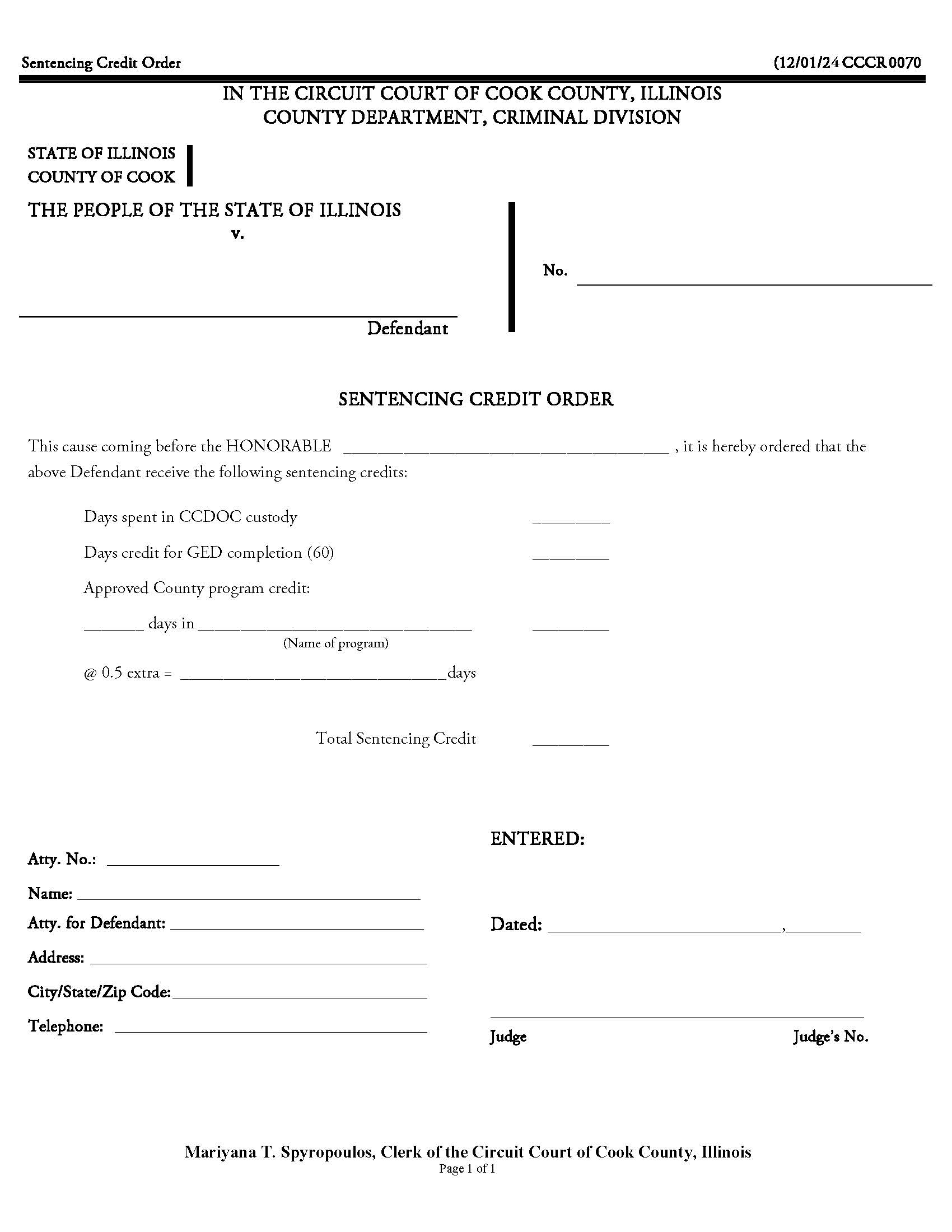 Sentencing Credit Order {CCCR 0070} | Pdf Fpdf Docx | Illinois