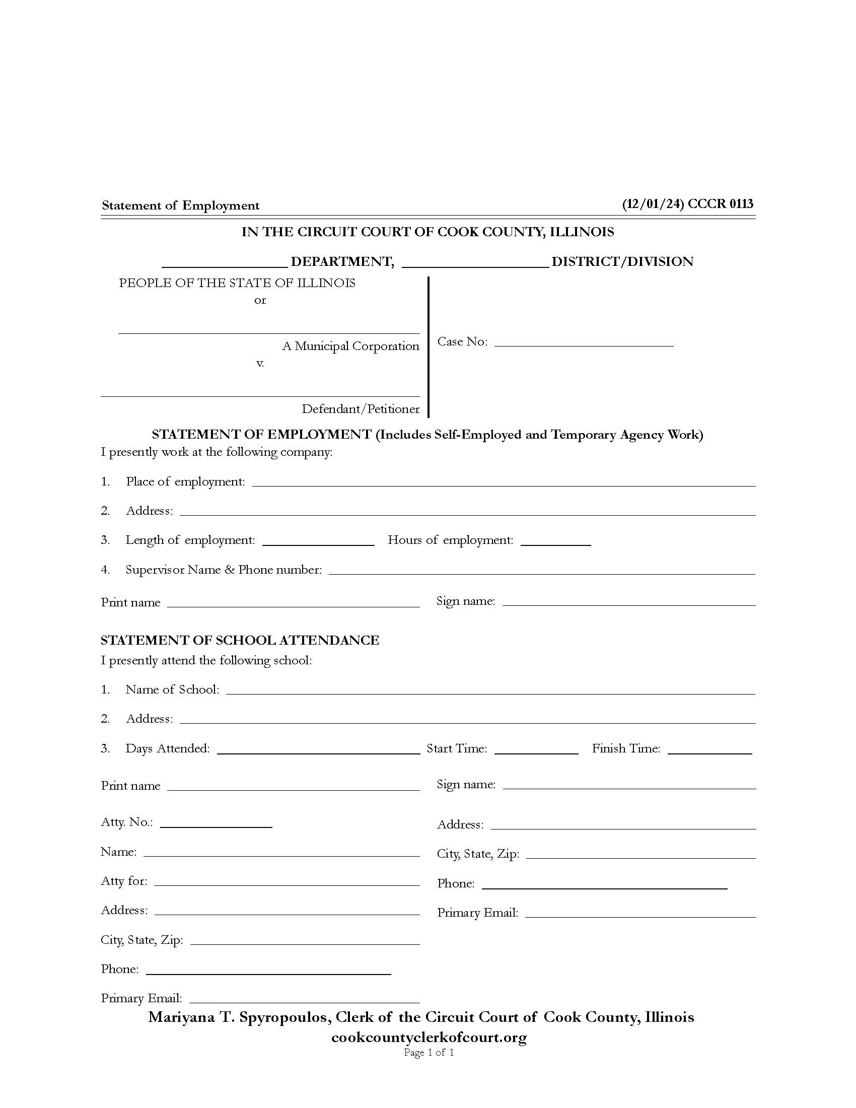 Statement Of Employment {CCCR 0113} | Pdf Fpdf Docx | Illinois