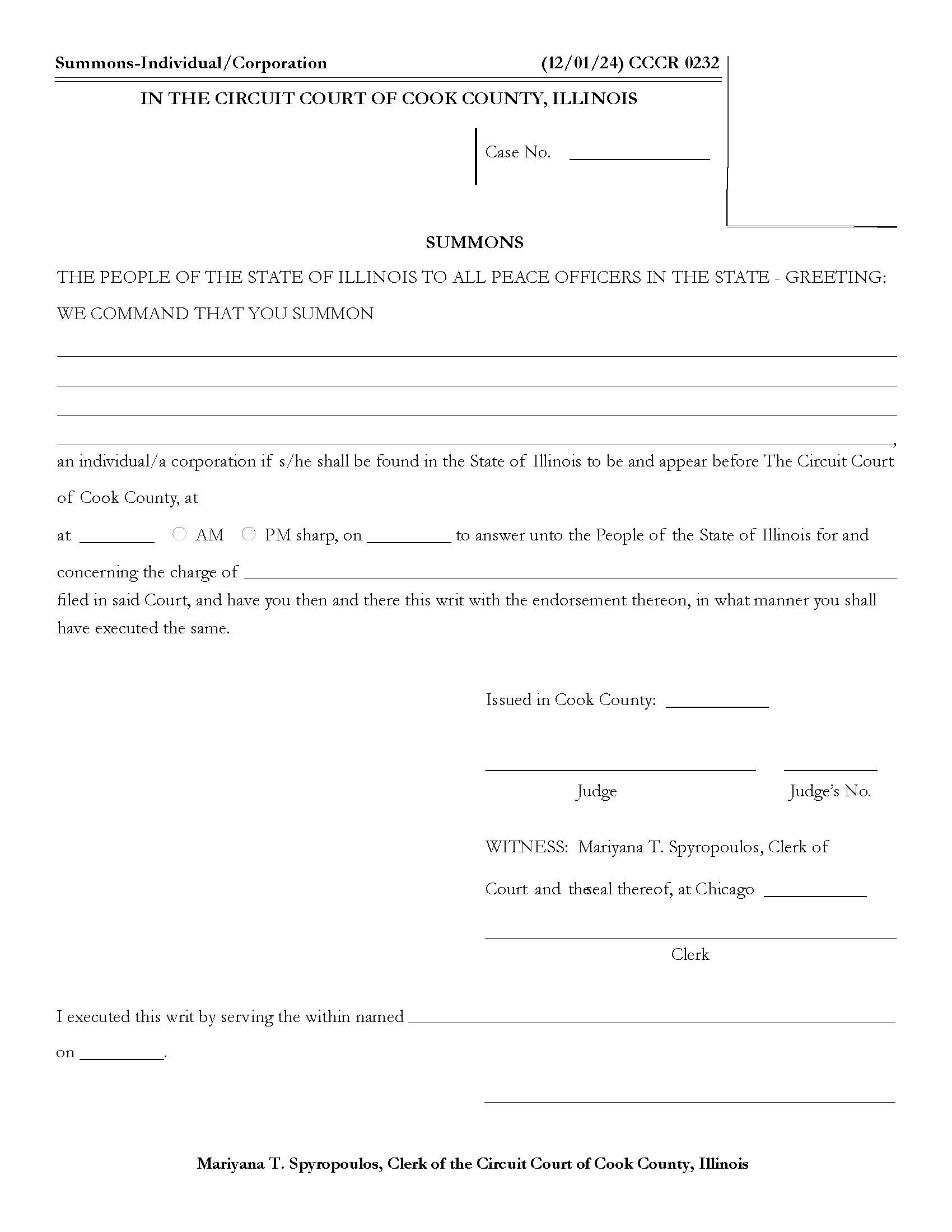 Summons-Individual-Corporation {CCCR 0232} | Pdf Fpdf Docx | Illinois