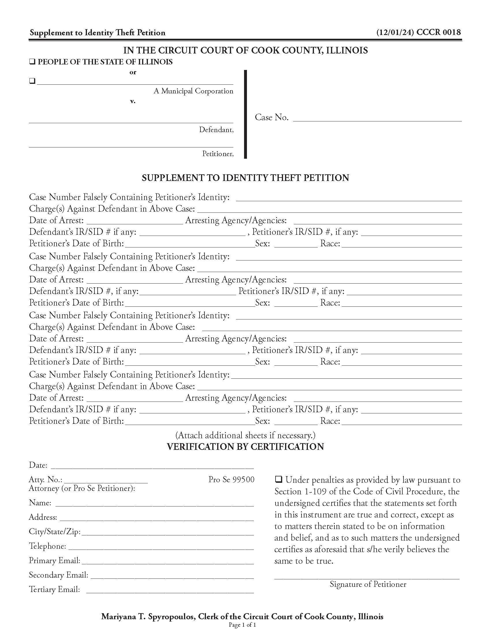 Supplement To Identity Theft Petition {CCCR 0018} | Pdf Fpdf Docx | Illinois