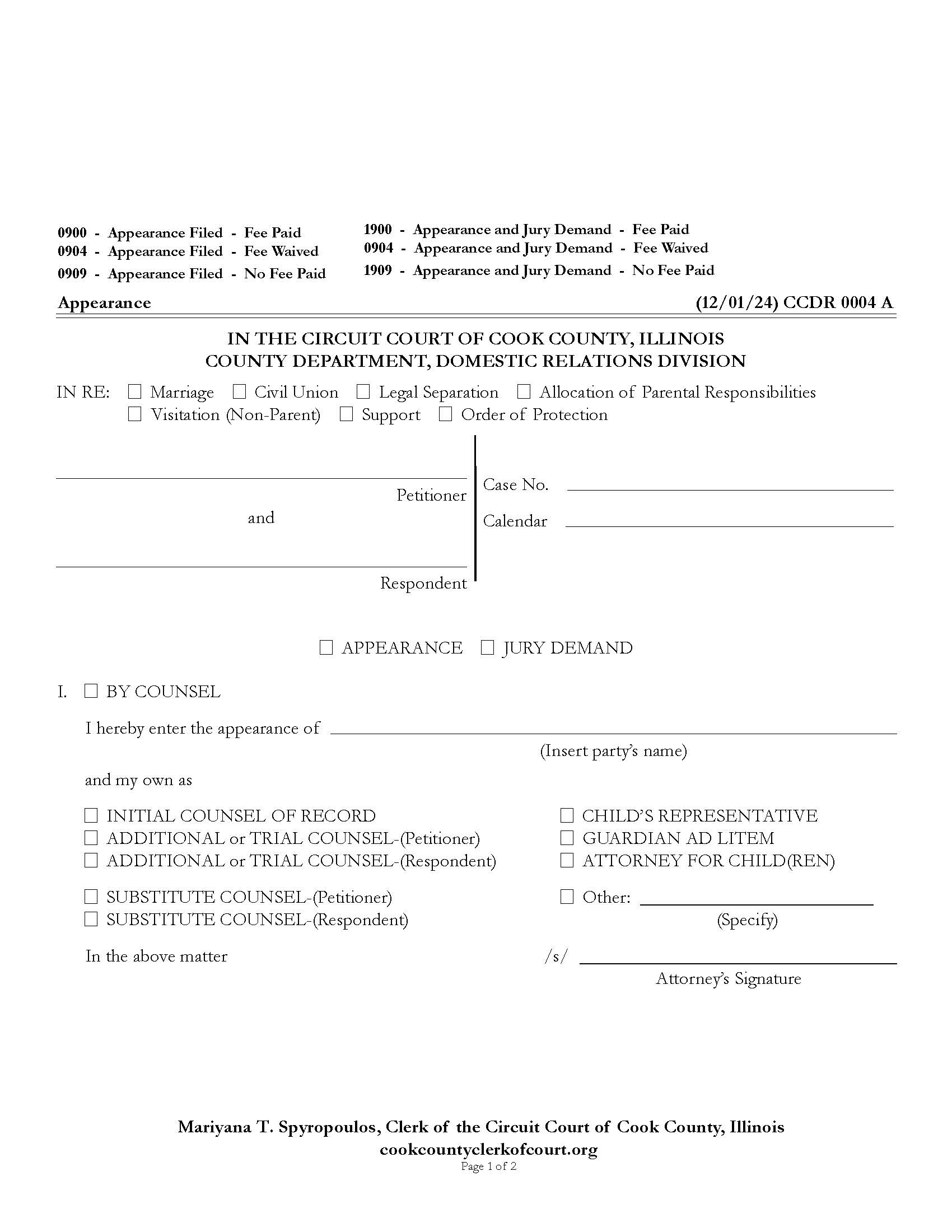 Appearance - Jury Demand {CCDR 0004} | Pdf Fpdf Doc Docx | Illinois