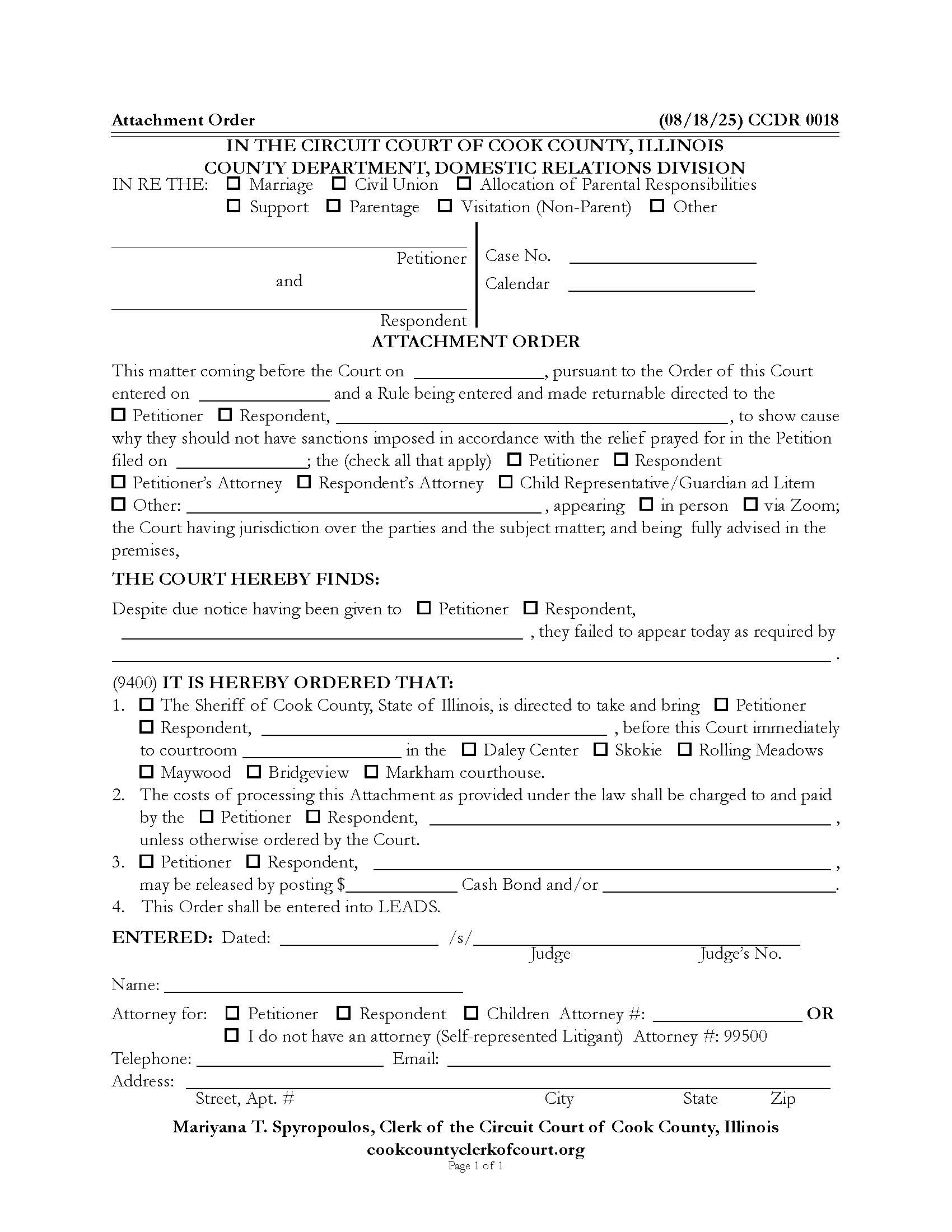 Attachment Order {CCDR 0018} | Pdf Fpdf Doc Docx | Illinois