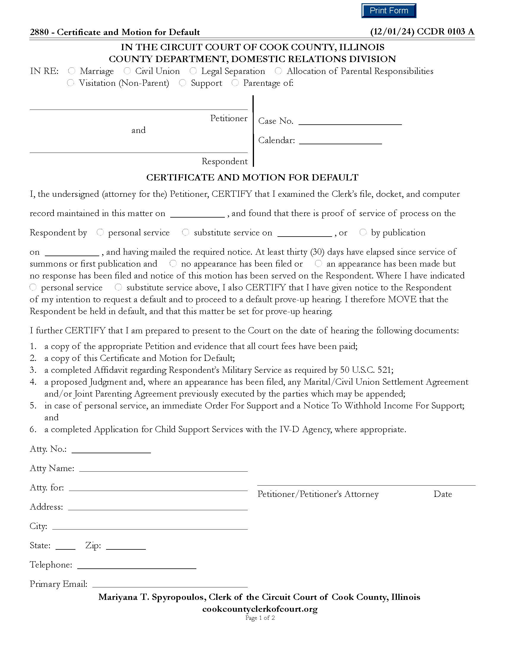 Certificate And Motion For Default {CCDR 0103} | Pdf Fpdf Docx | Illinois
