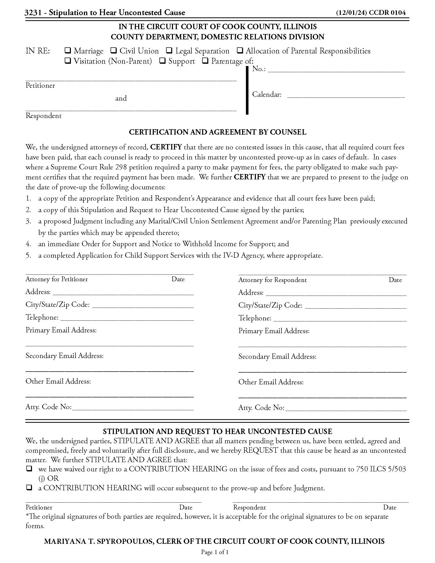 Certification And Agreement By Counsel {CCDR 0104} | Pdf Fpdf Doc Docx | Illinois