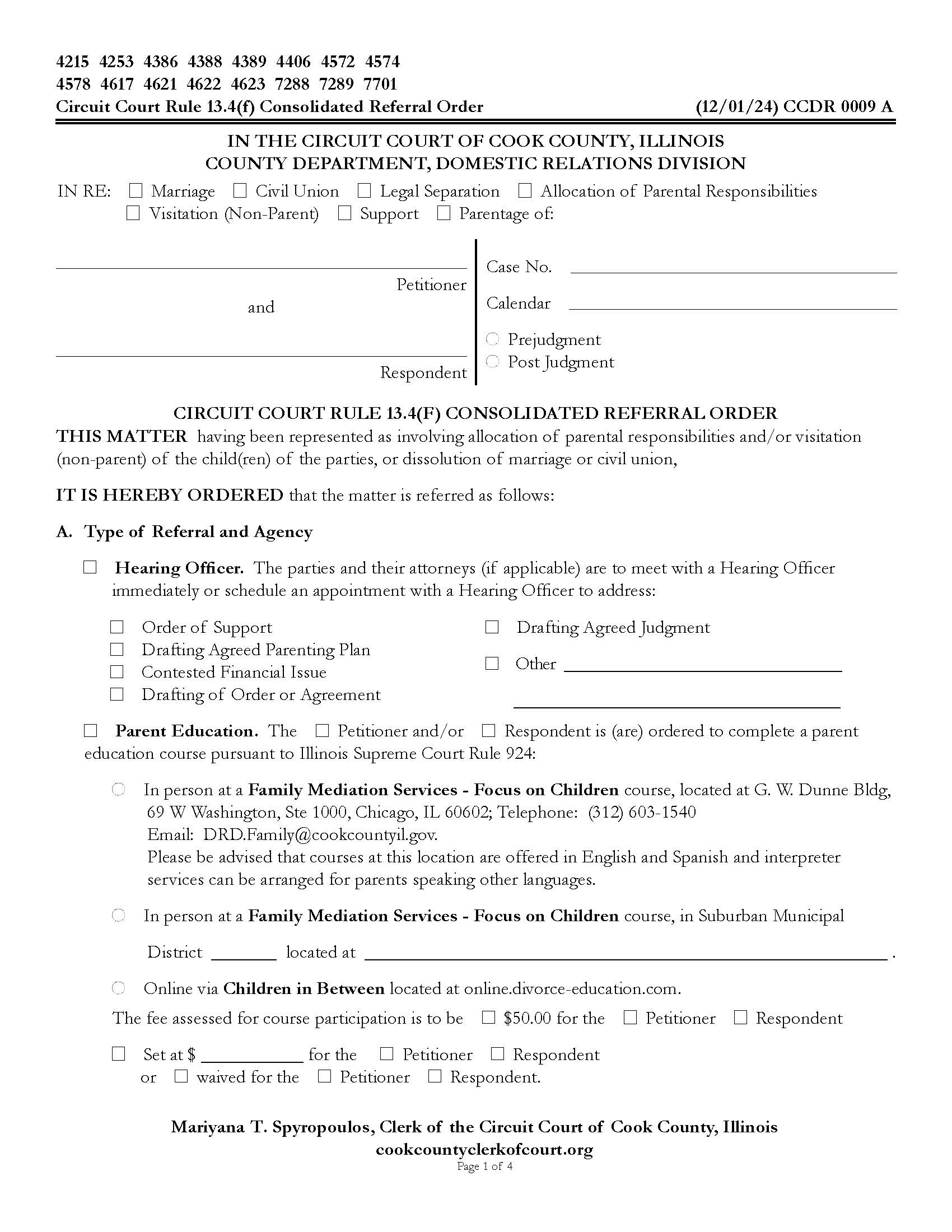 Circuit Court Rule 13.4(F) Consolidated Referral Order {CCDR 0009} | Pdf Fpdf Docx | Illinois