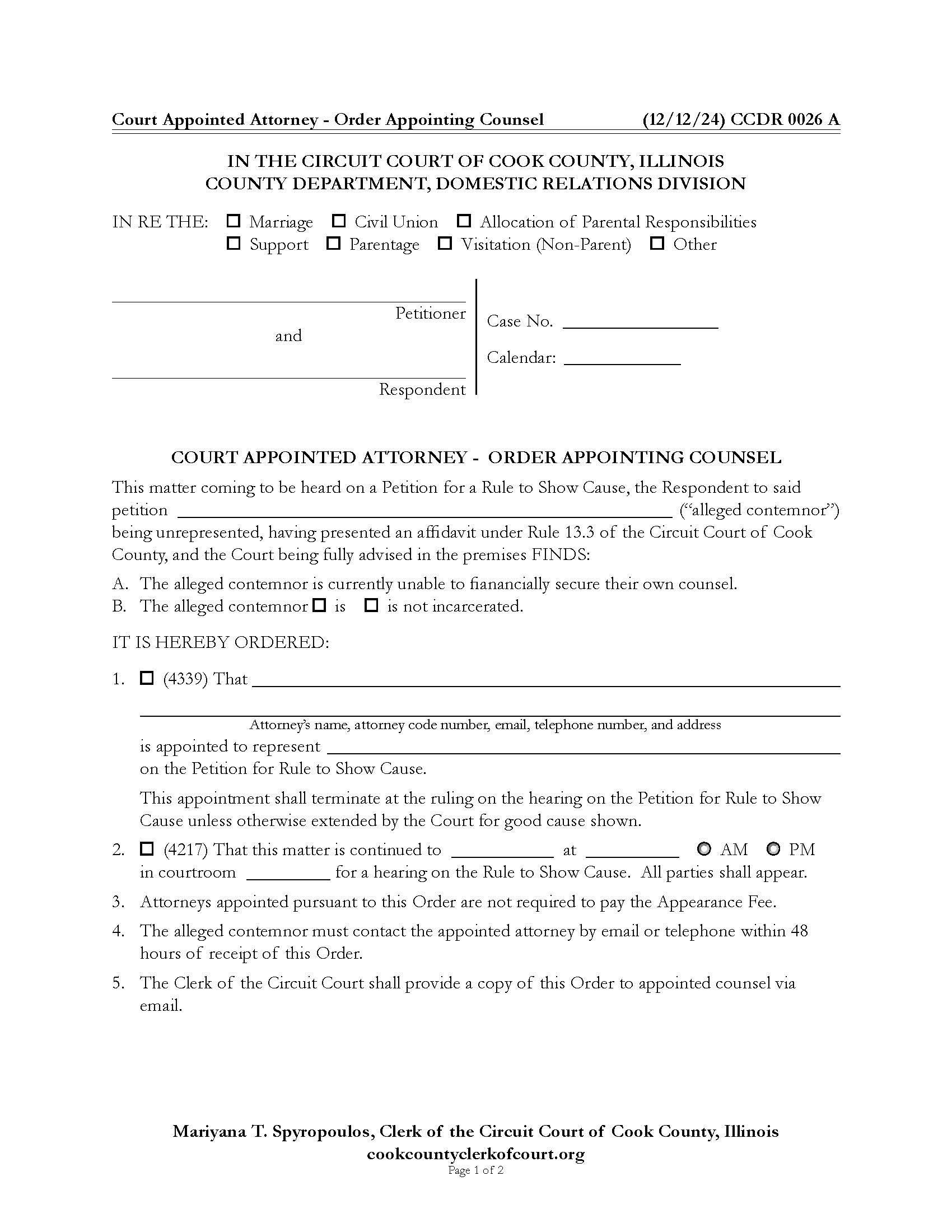 Court Appointed Attorney Order Appointing Counsel {CCDR 0026} | Pdf Fpdf Docx | Illinois
