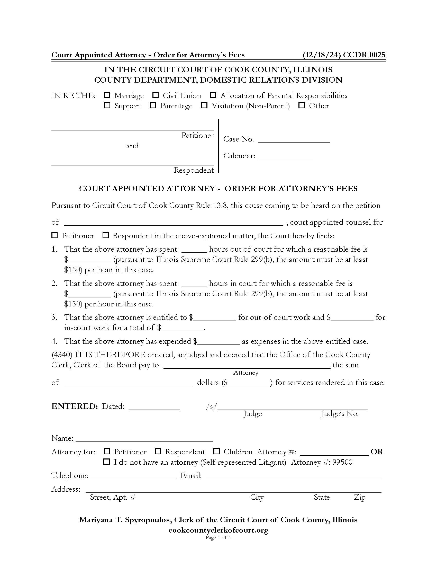 Court Appointed Attorney Order For Attorneys Fees {CCDR 0025} | Pdf Fpdf Docx | Illinois