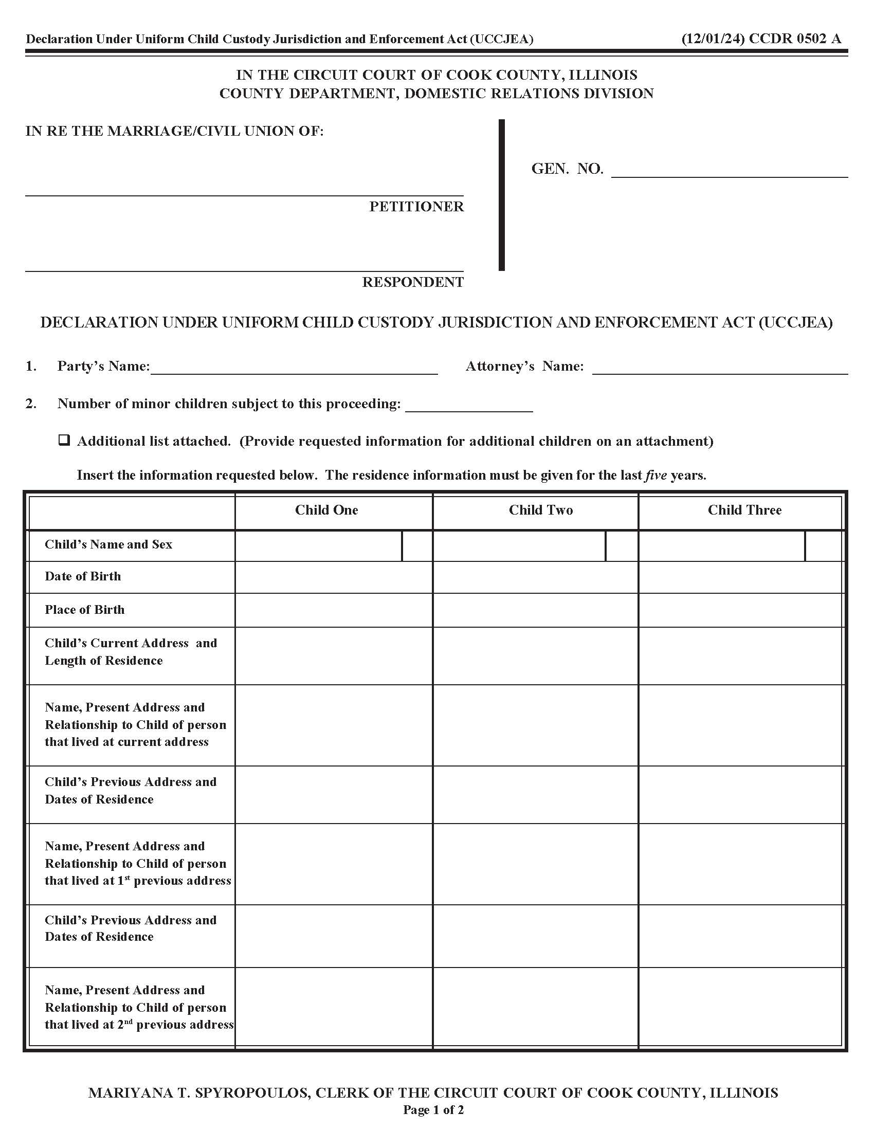 Declaration Under Uniform Child Custody Jurisdiction And Enforcement Act (UCCJEA) {CCDR 0502} | Pdf Fpdf Doc Docx | Illinois