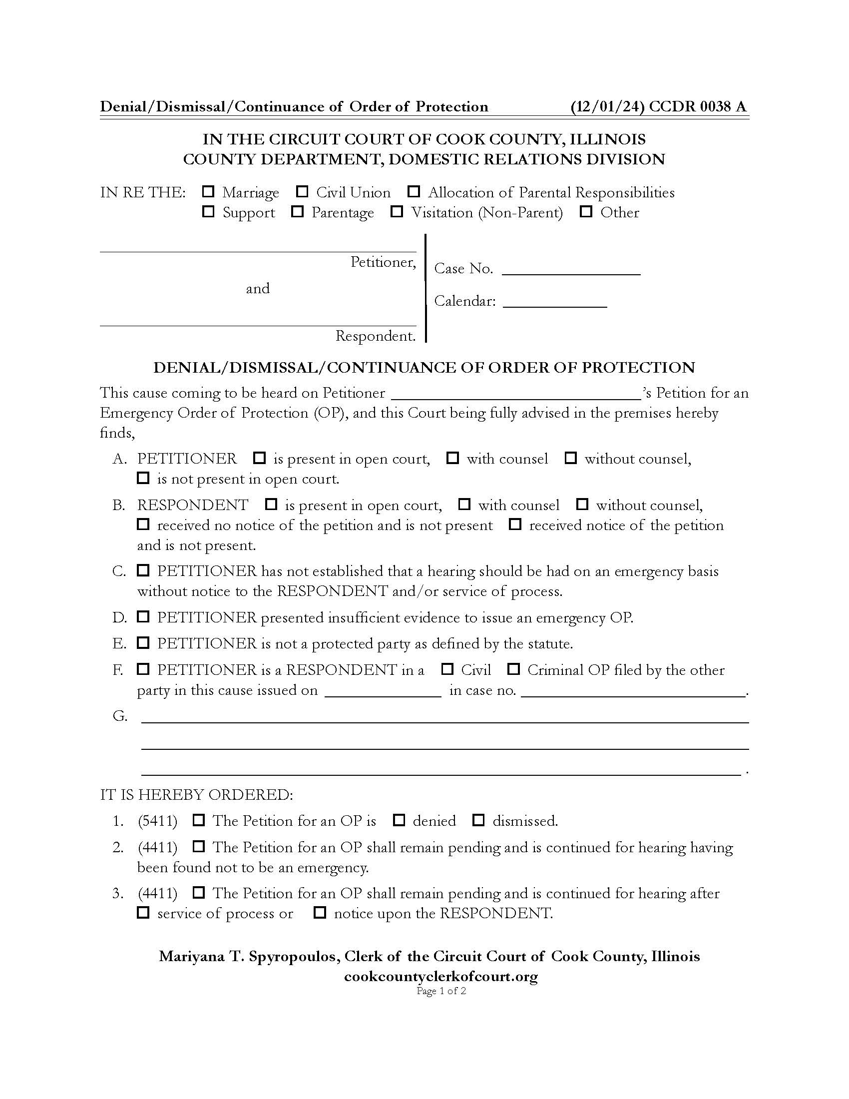 Denial-Dismissal Continuance Of Order Of Protection {CCDR 0038} | Pdf Fpdf Doc Docx | Illinois