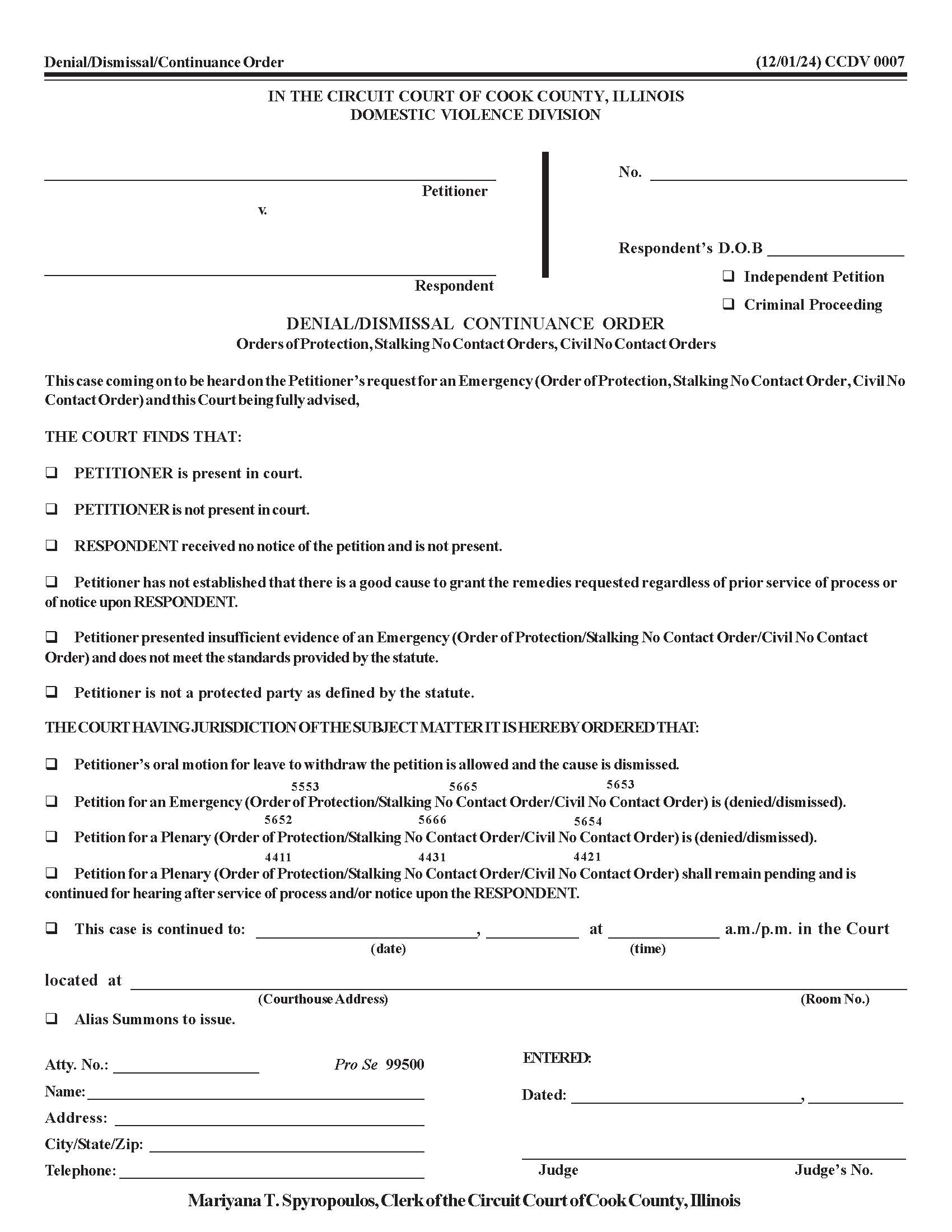 Denial-Dismissal Continuance Order (OoP Staliking-Civil No Contact Orders) {CCDV 0007} | Pdf Fpdf Docx | Illinois