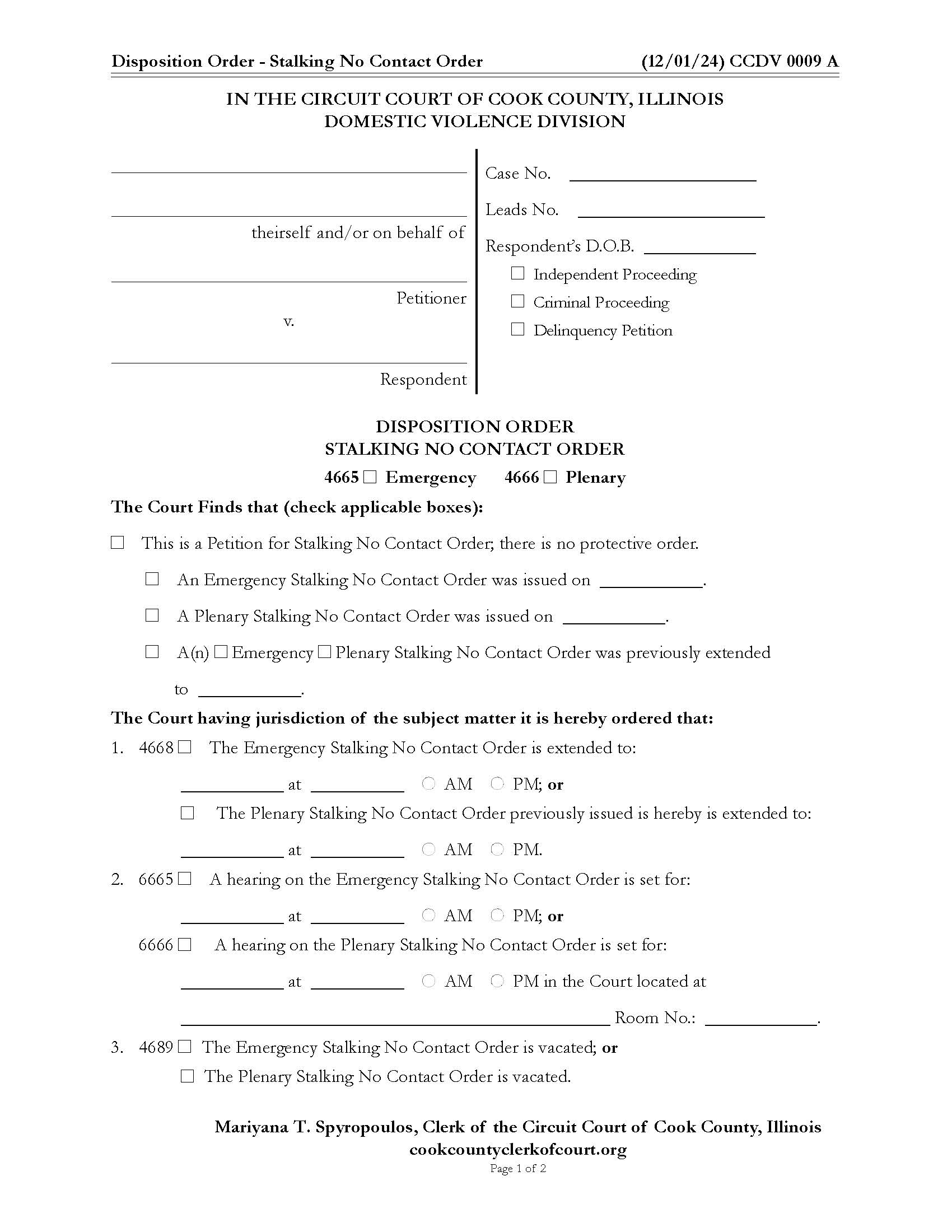 Disposition Order - Stalking No Contact Order {CCDV 0009} | Pdf Fpdf Docx | Illinois