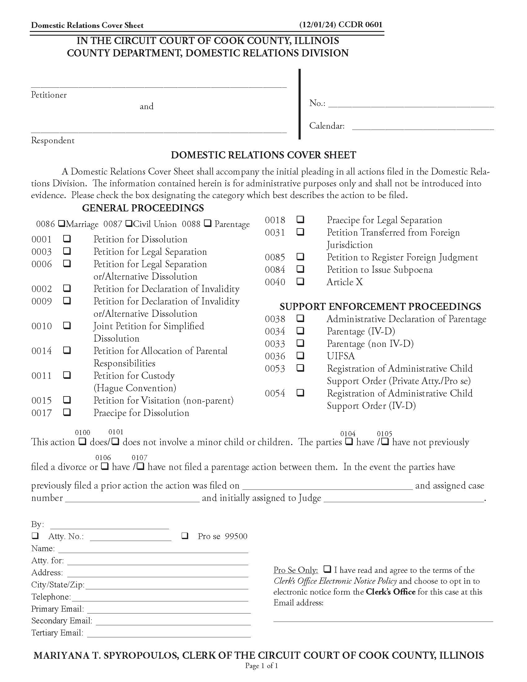 Domestic Relations Cover Sheet {CCDR 0601} | Pdf Fpdf Doc Docx | Illinois