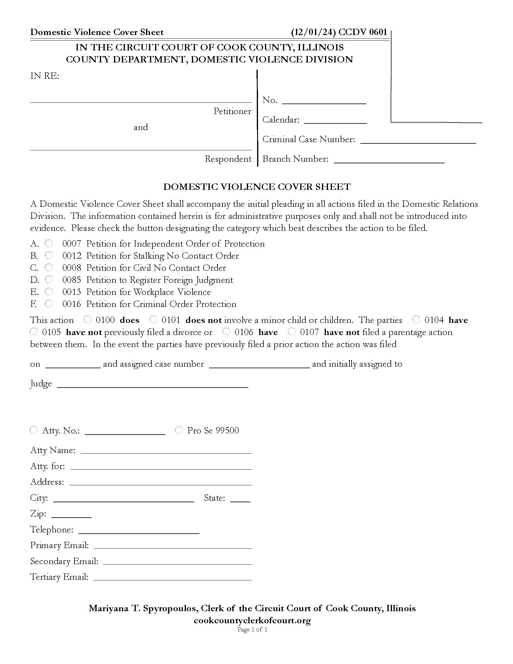 Domestic Violence Cover Sheet {CCDV 0601} | Pdf Fpdf Docx | Illinois