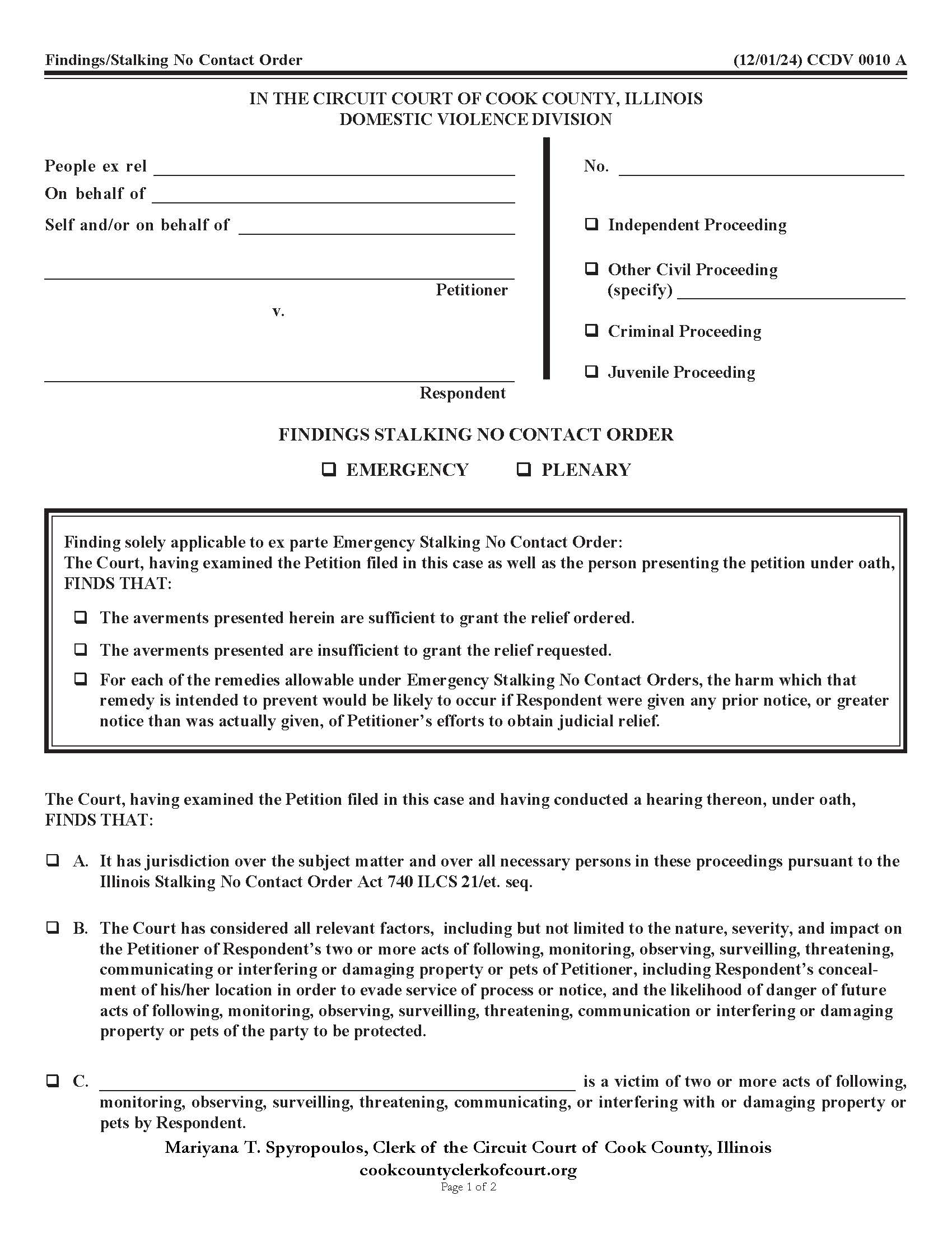 Findings Stalking No Contact Order Emergency Or Plenary {CCDV 0010} | Pdf Fpdf Docx | Illinois