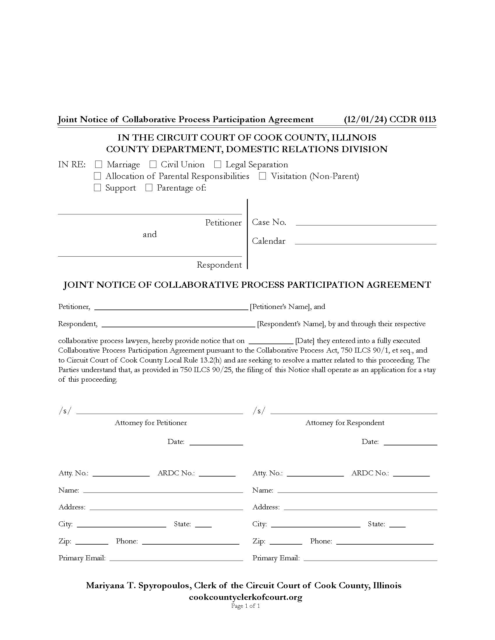Joint Notice Of Collaborative Process Participation Agreement {CCDR 0113} | Pdf Fpdf Docx | Illinois