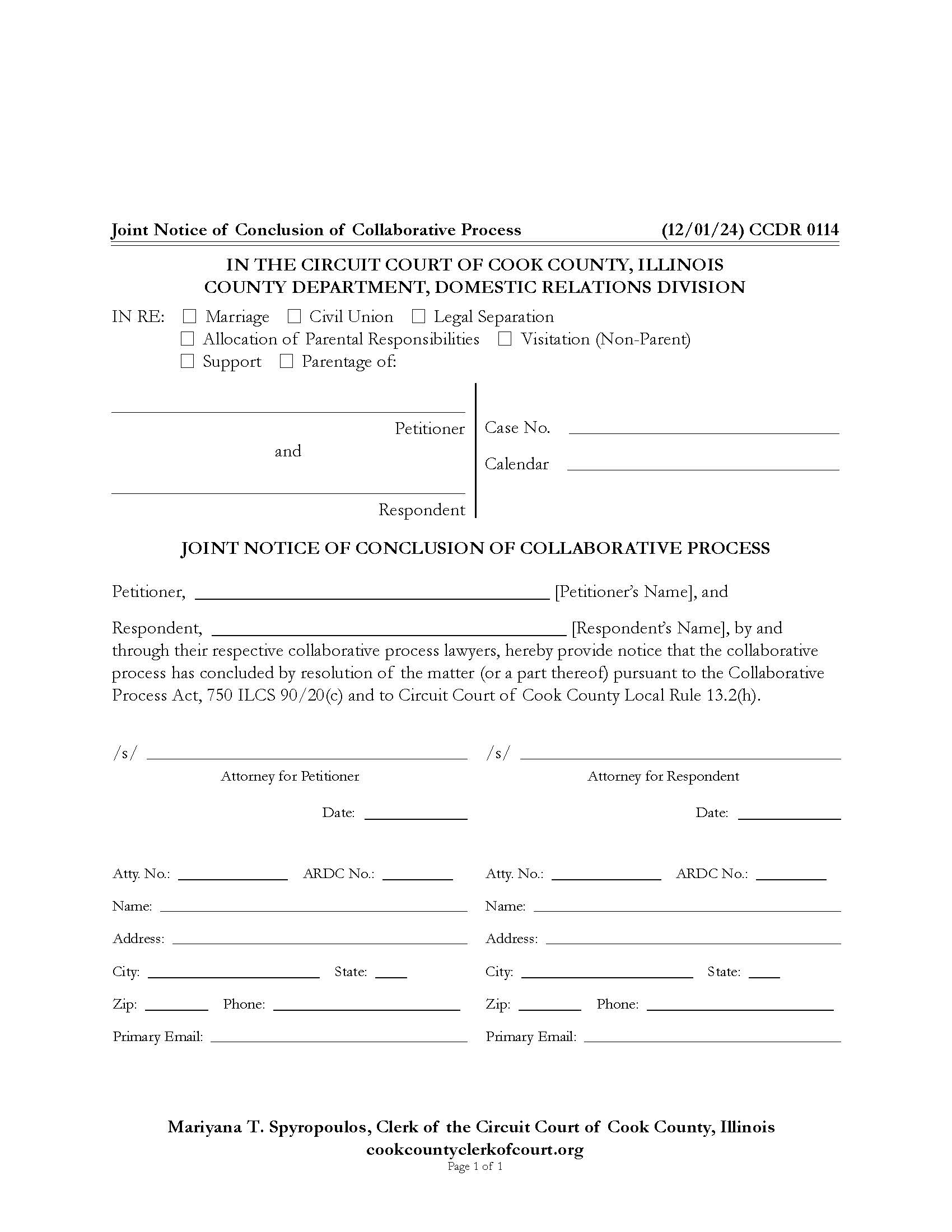 Joint Notice Of Conclusion Of Collaborative Process {CCDR 0114} | Pdf Fpdf Docx | Illinois