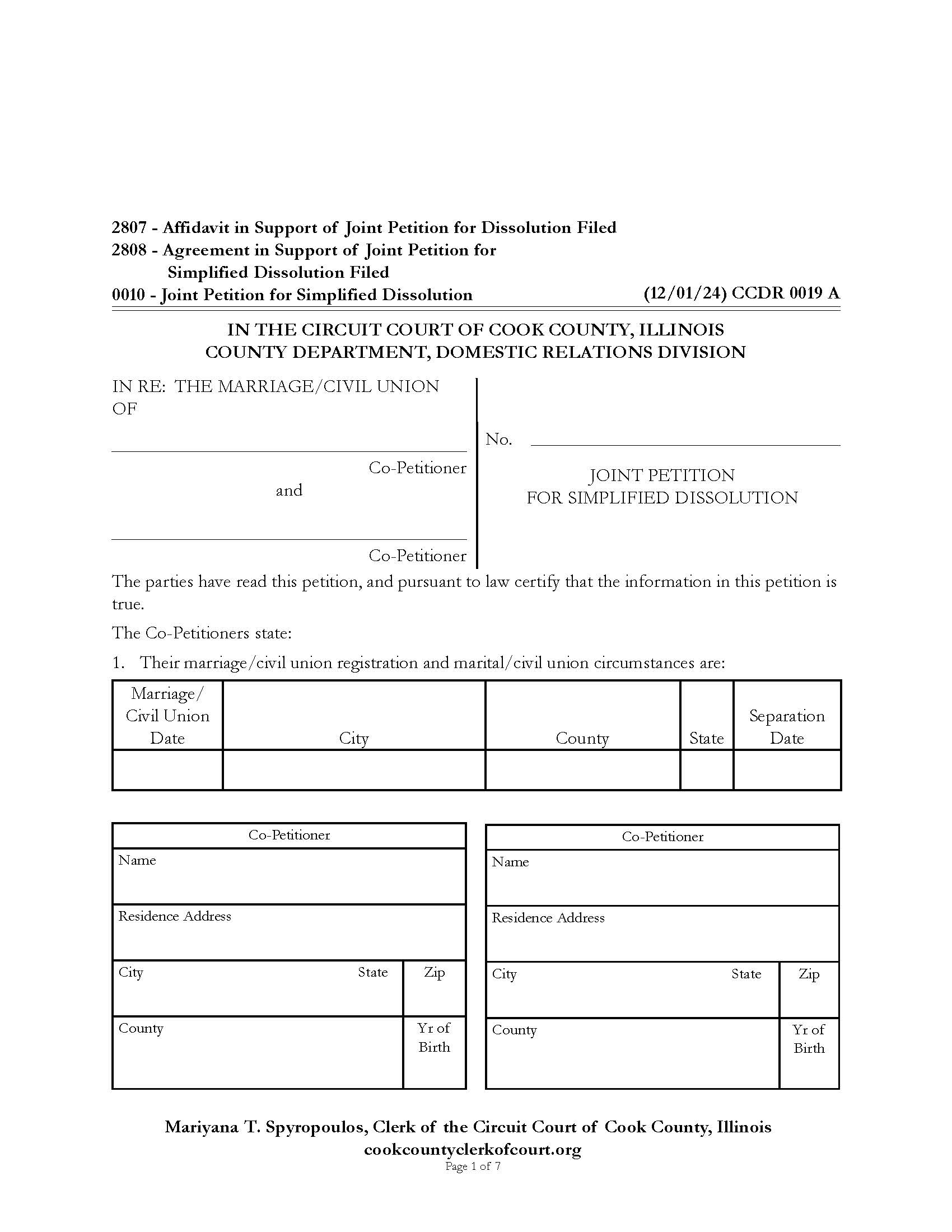 Joint Petition For Simplified Dissolution {CCDR 0019} | Pdf Fpdf Docx | Illinois