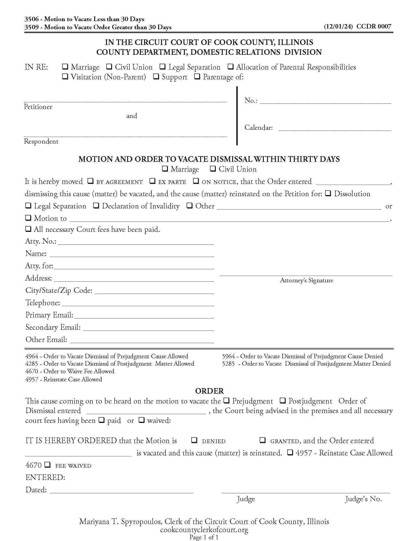 Motion And Order To Vacate Dismissal Within Thirty Days {CCDR 0007} | Pdf Fpdf Doc Docx | Illinois