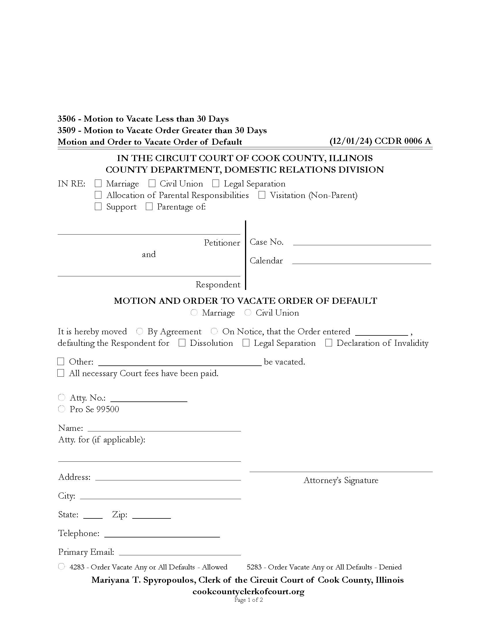 Motion And Order To Vacate Order Of Default {CCDR 0006} | Pdf Fpdf Docx | Illinois