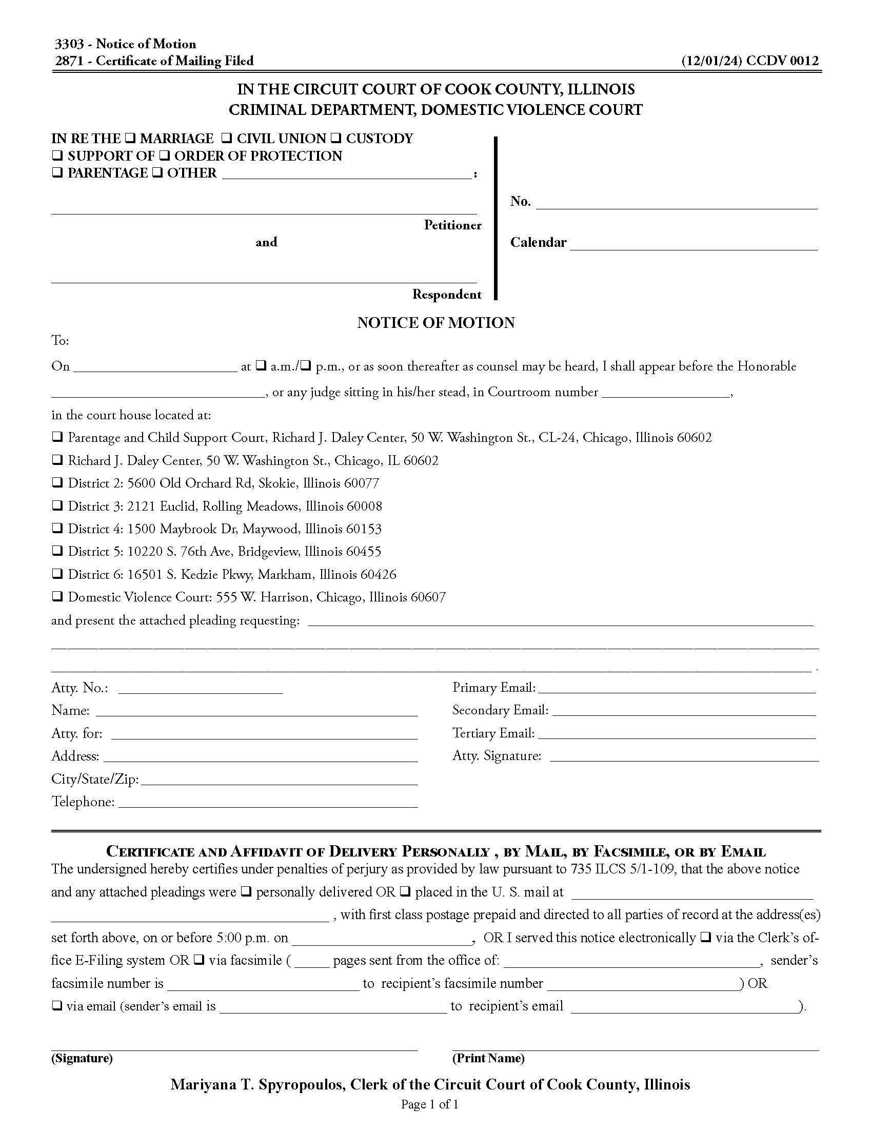 Notice Of Motion {CCDV 0012} | Pdf Fpdf Docx | Illinois