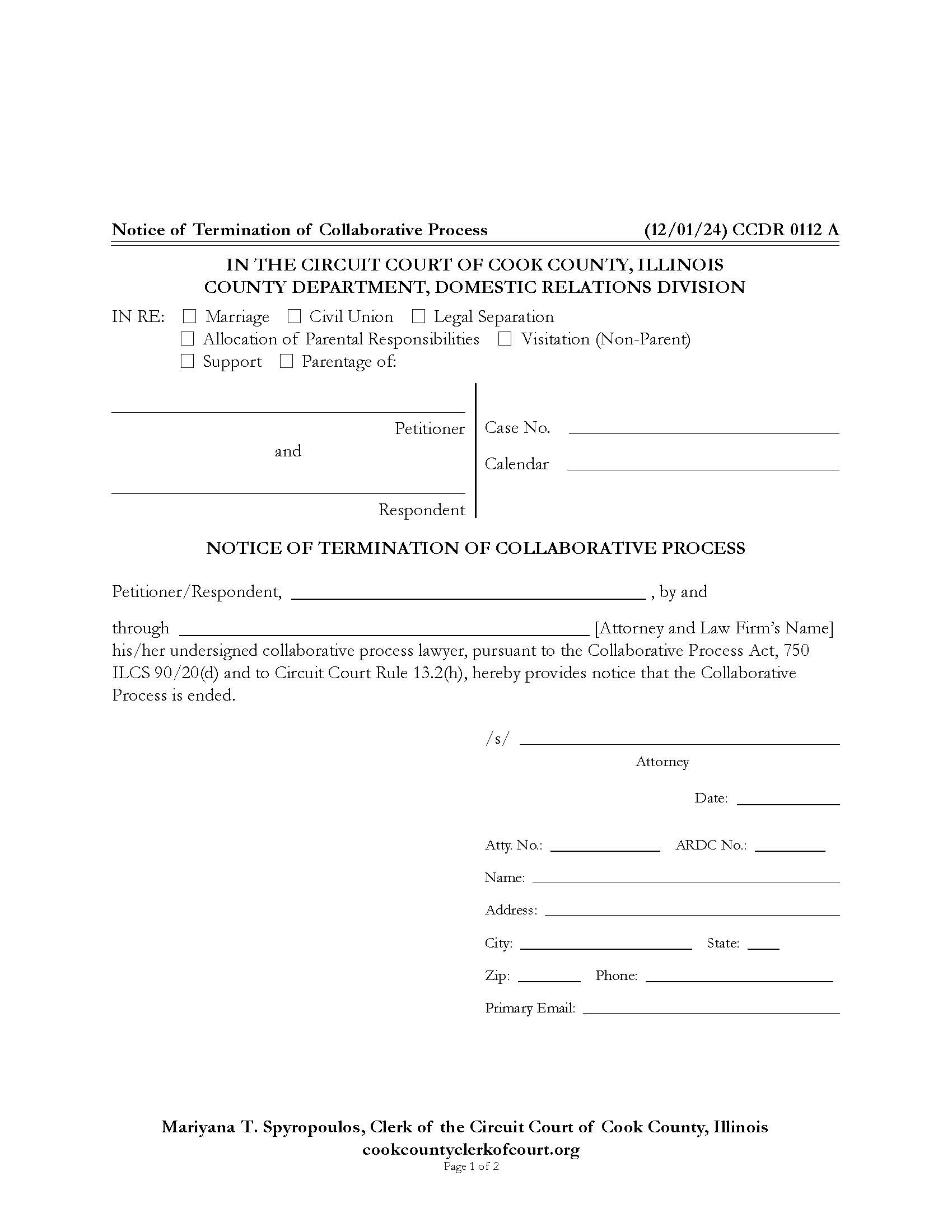 Notice Of Termination Of Collaborative Process {CCDR 0112} | Pdf Fpdf Docx | Illinois