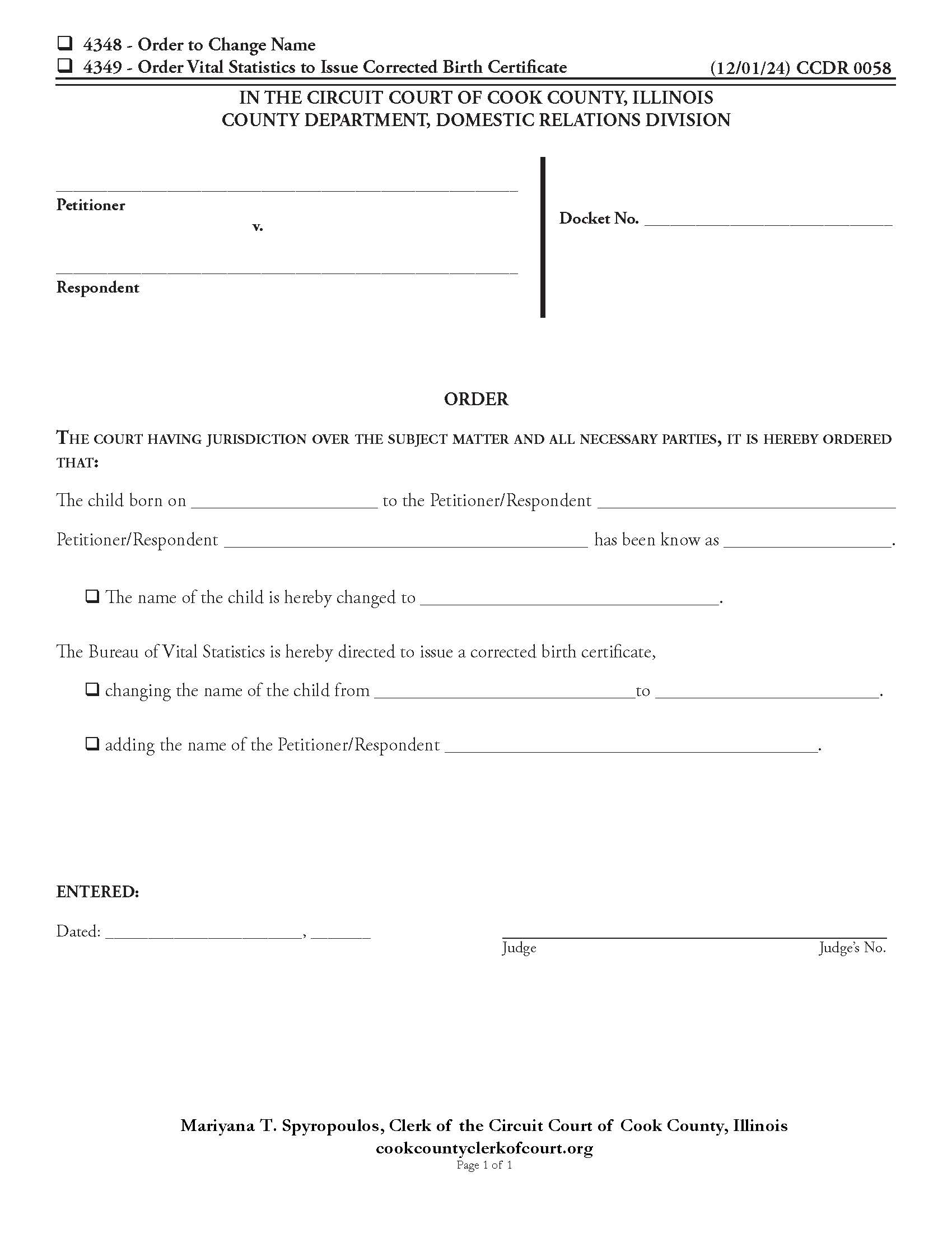 Order (To Issue Corrected Birth Certificate) {CCDR 0058} | Pdf Fpdf Doc Docx | Illinois