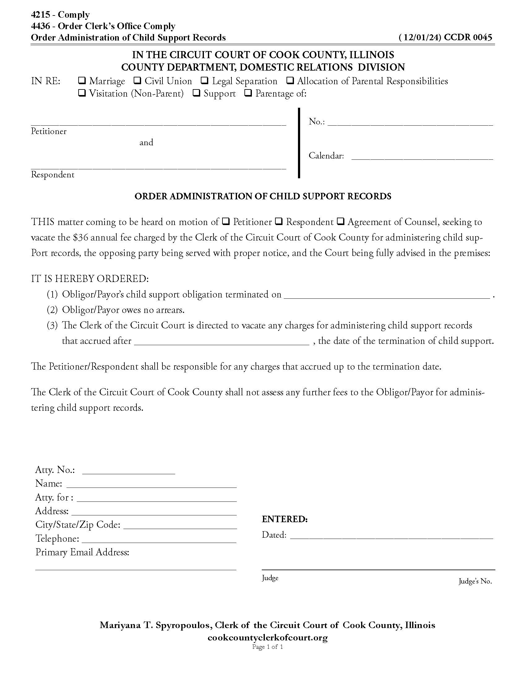 Order Administration Of Child Support Records {CCDR 0045} | Pdf Fpdf Doc Docx | Illinois