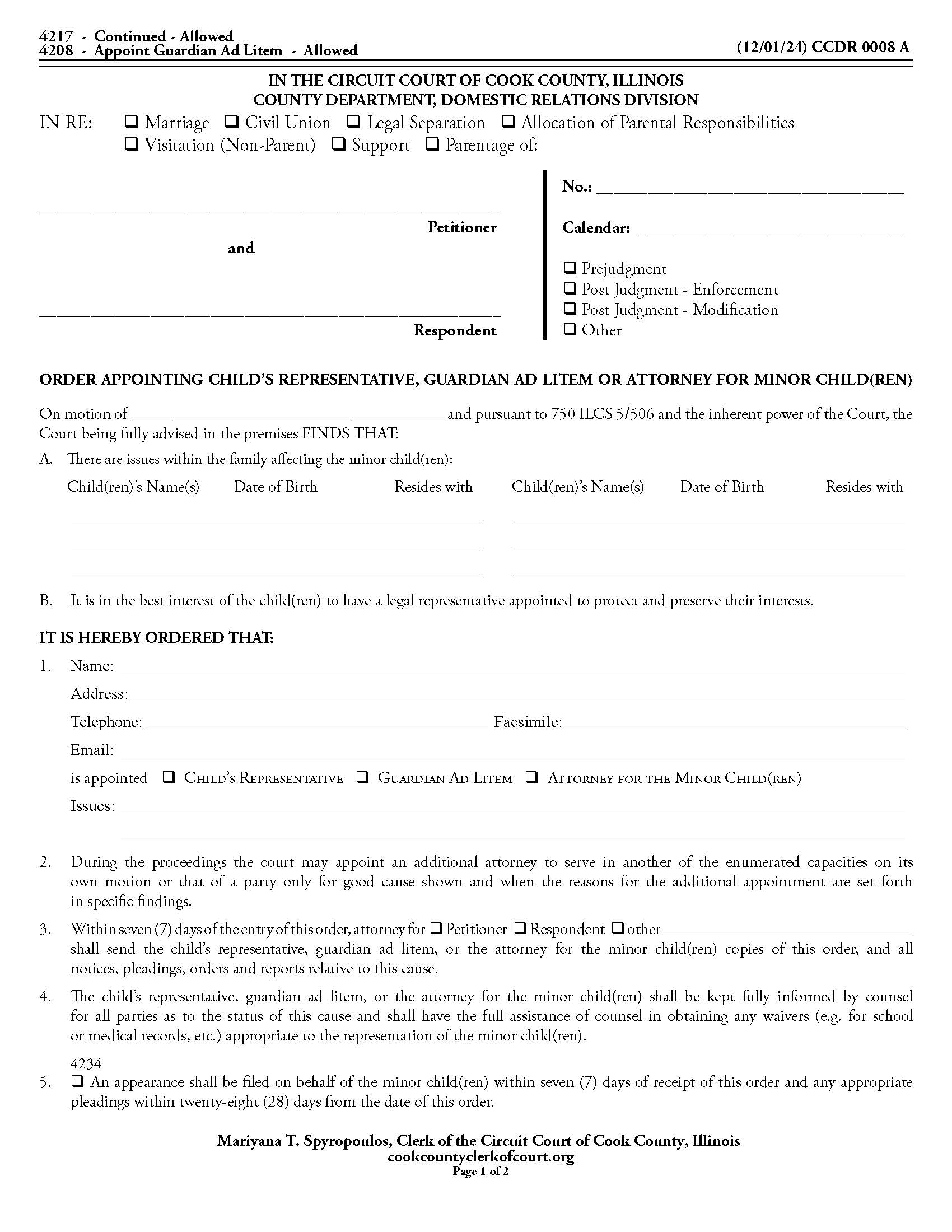 Order Appointing Childs Representative GAL Or Attorney For Minor Child(ren) {CCDR 0008} | Pdf Fpdf Doc Docx | Illinois