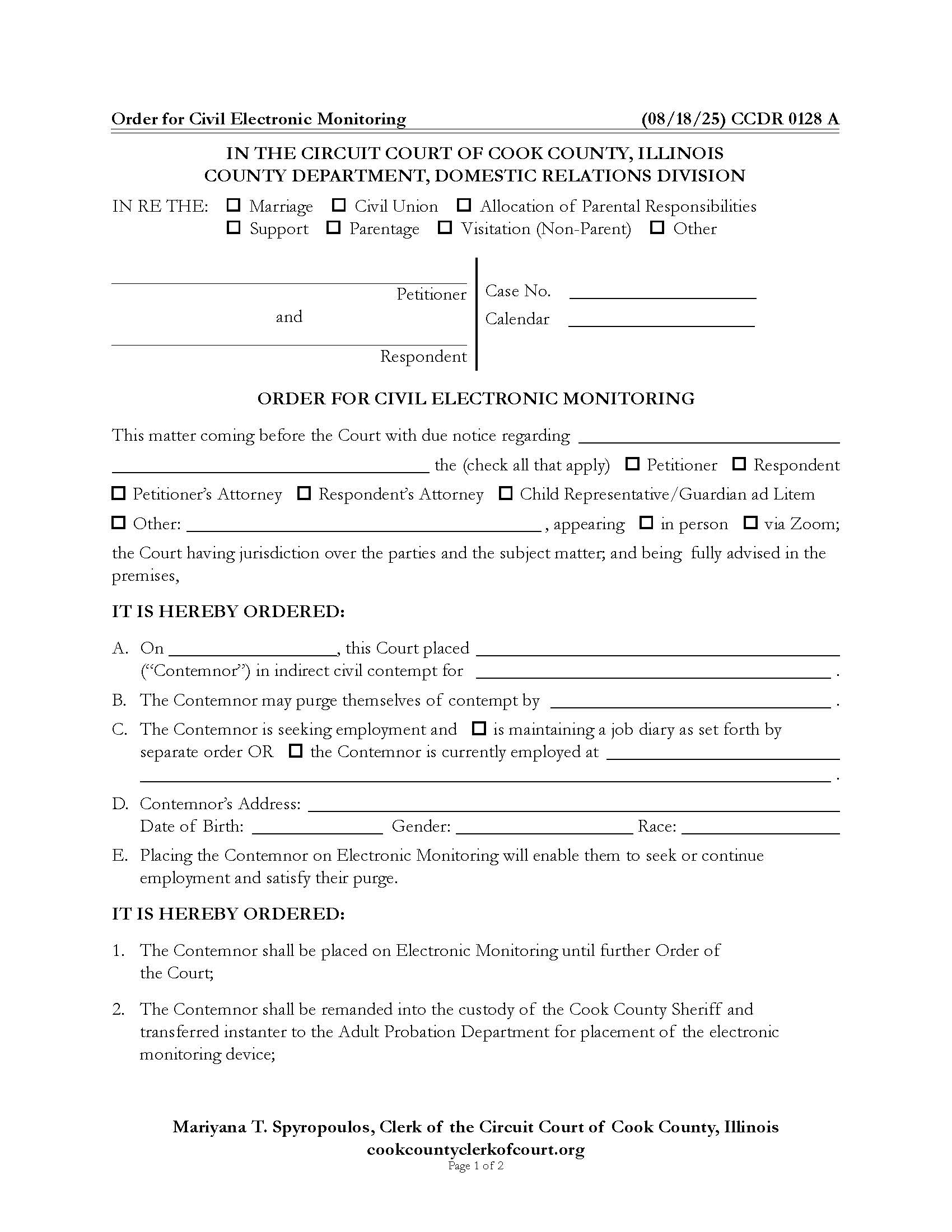 Order For Civil Electronic Monitoring {CCDR 0128} | Pdf Fpdf Docx | Illinois