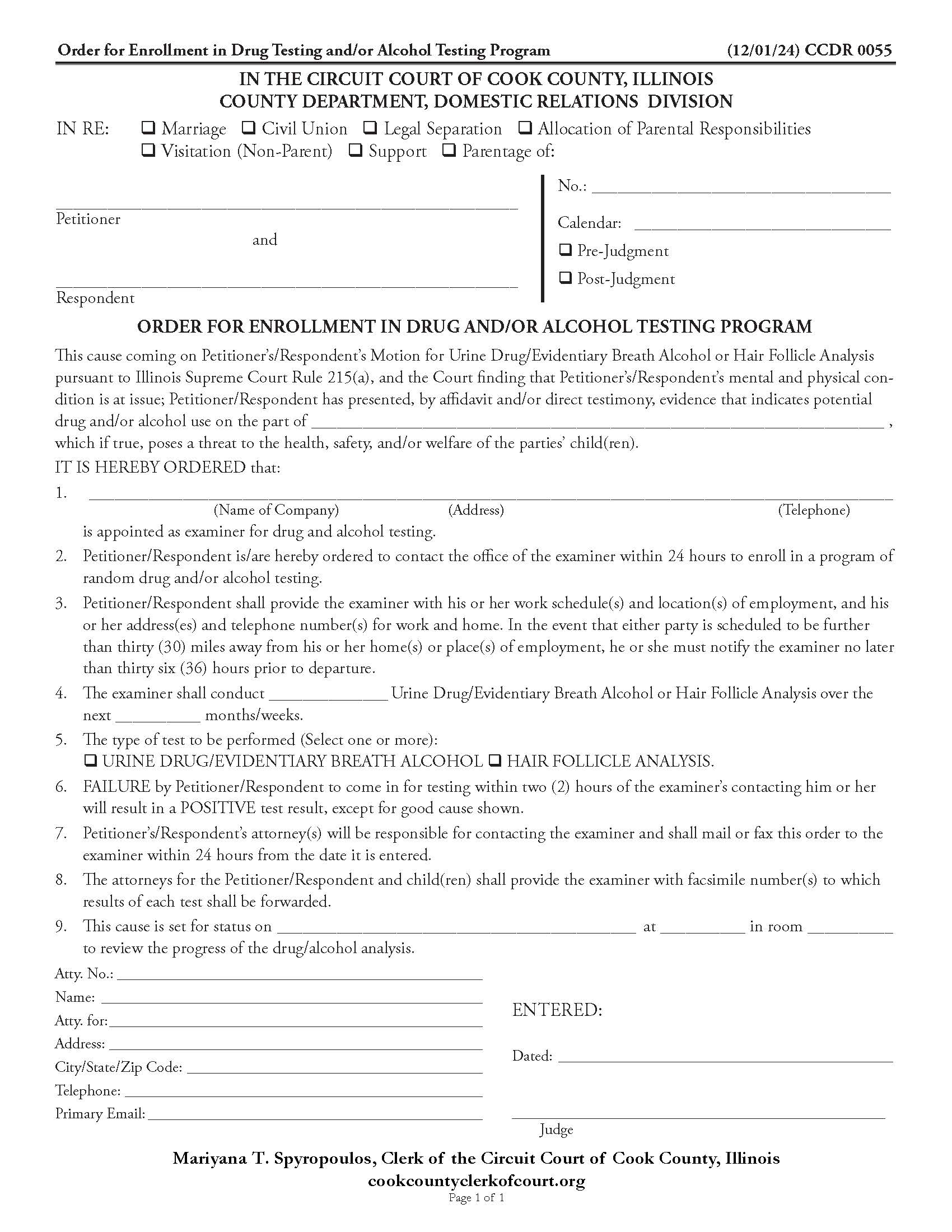 Order For Enrollment In Drug And-Or Alcohol Testing Program {CCDR 0055} | Pdf Fpdf Doc Docx | Illinois