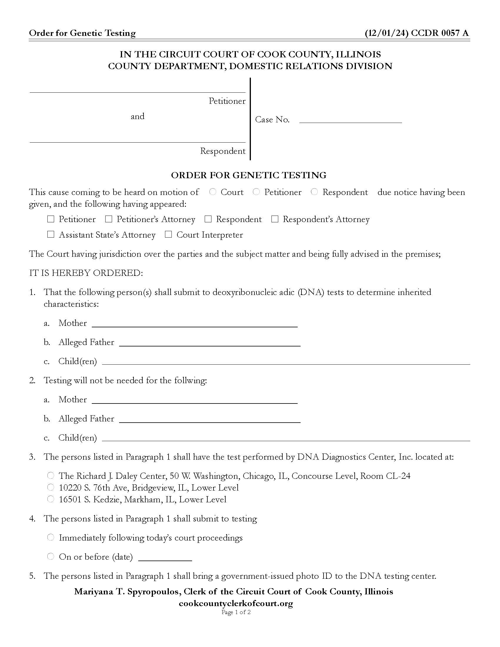 Order For Genetic Testing {CCDR 0057} | Pdf Fpdf Docx | Illinois